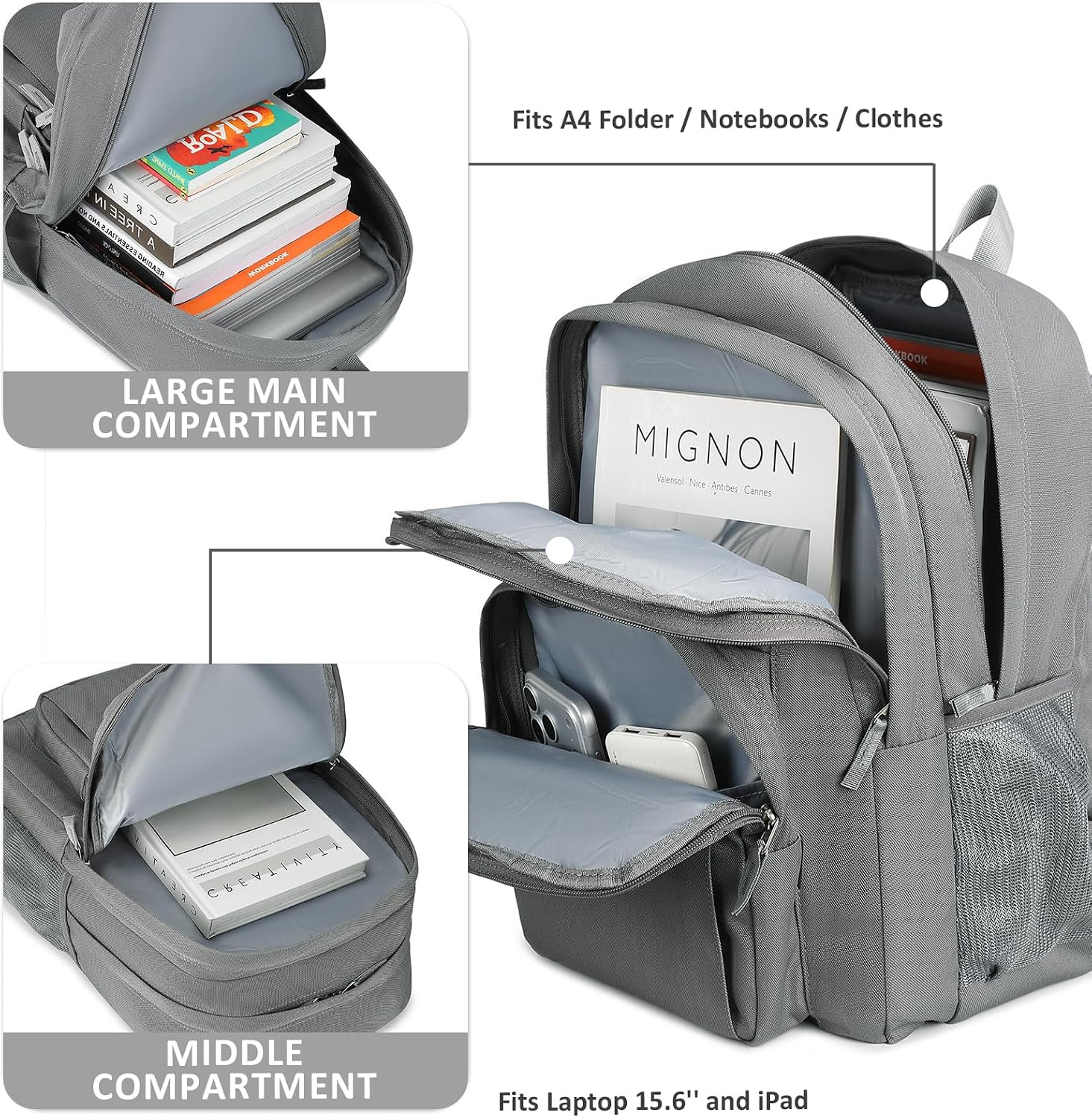 Water-Resistant Classic Women’s Backpack for College and Travel (Grey)