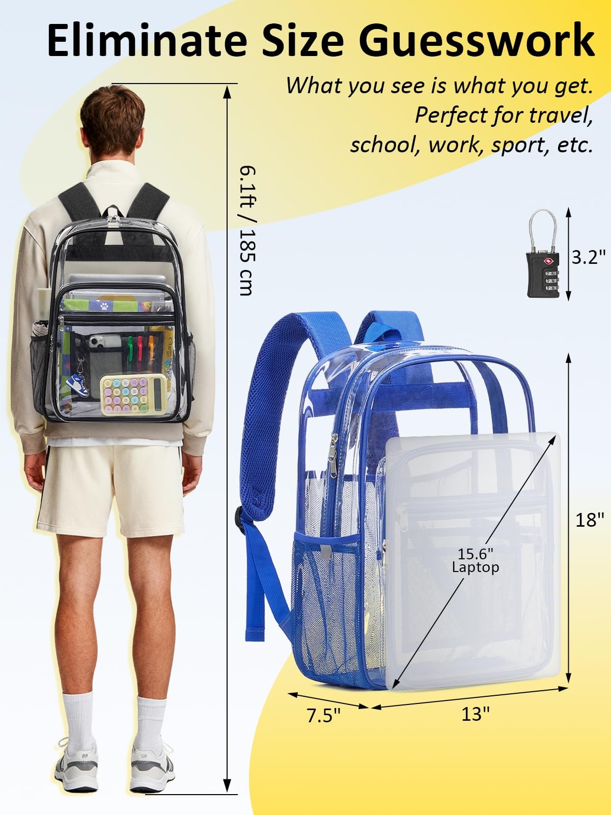 Blue Clear Backpack Heavy Duty TSA Lock 18 Inch Transparent See Through