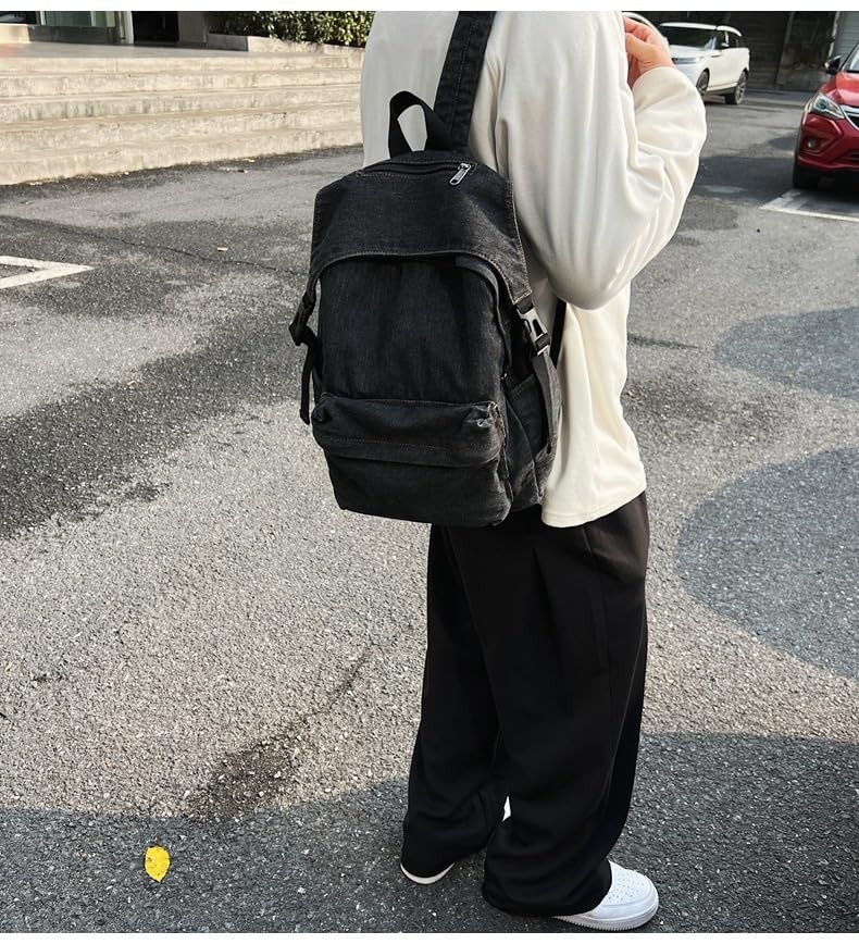 Classic Retro Denim Backpack Y2K Aesthetic Shoulder Bag Lightweight Black