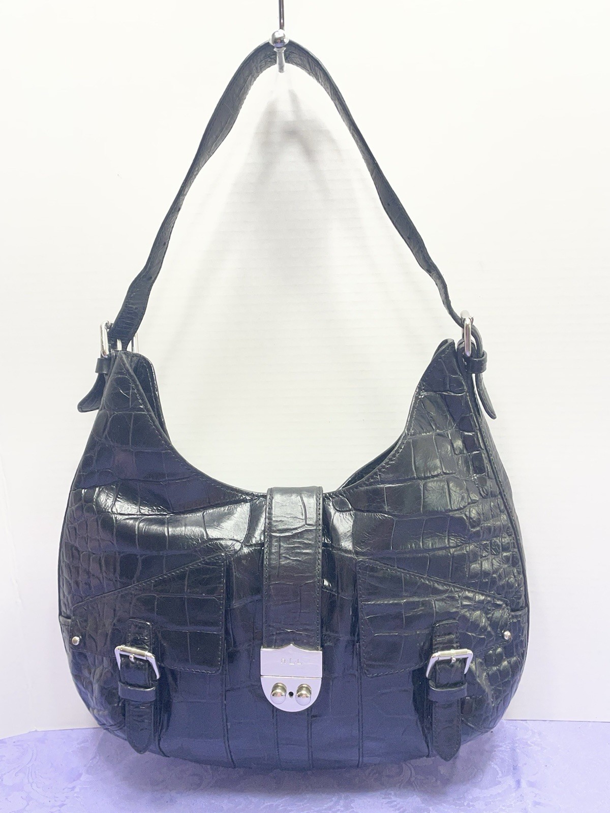Lauren Ralph Lauren Black Croc Embossed Leather Hobo Shoulder Bag Y2K Push Lock