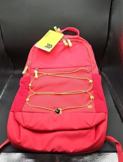 Red Recycled Polyester Backpack With Adjustable Straps & Yellow Accents By Targe