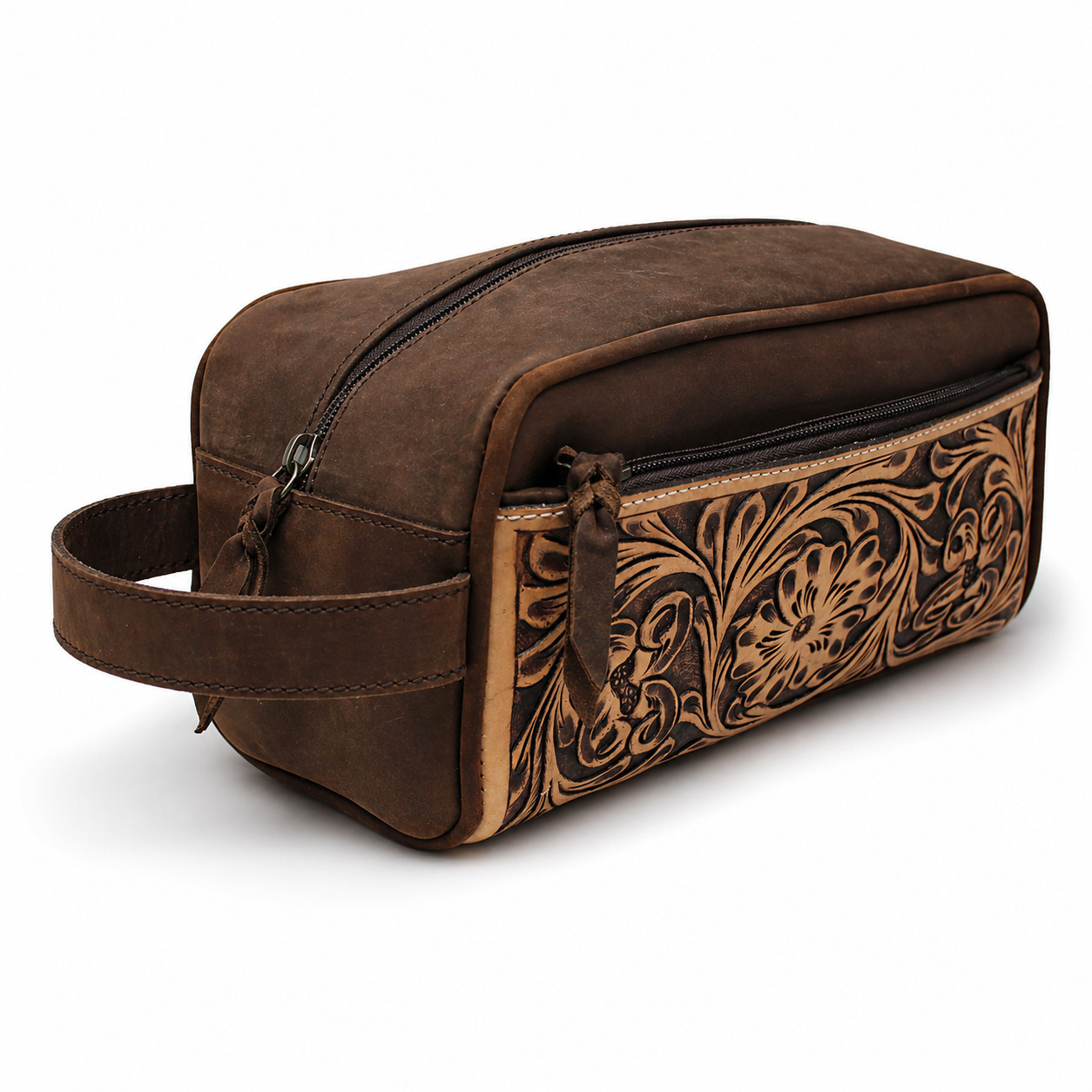 Men’s Distressed Floral Tooled Leather Travel Toiletry Dopp Kit Bag 18RTT01BR