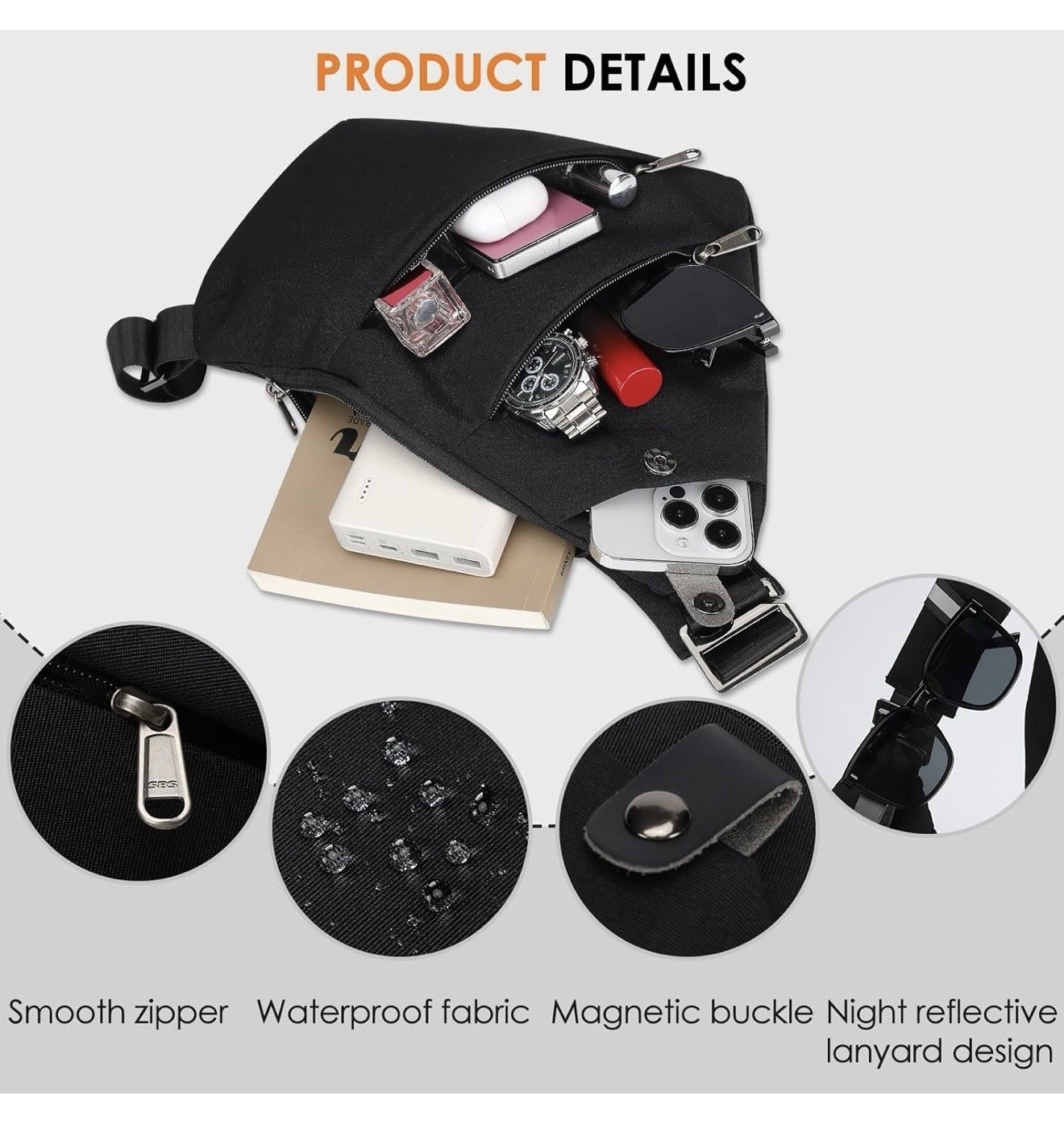 Black Waterproof Crossbody Sling Chest Bag, Zip & Magnetic, Outer Pockets