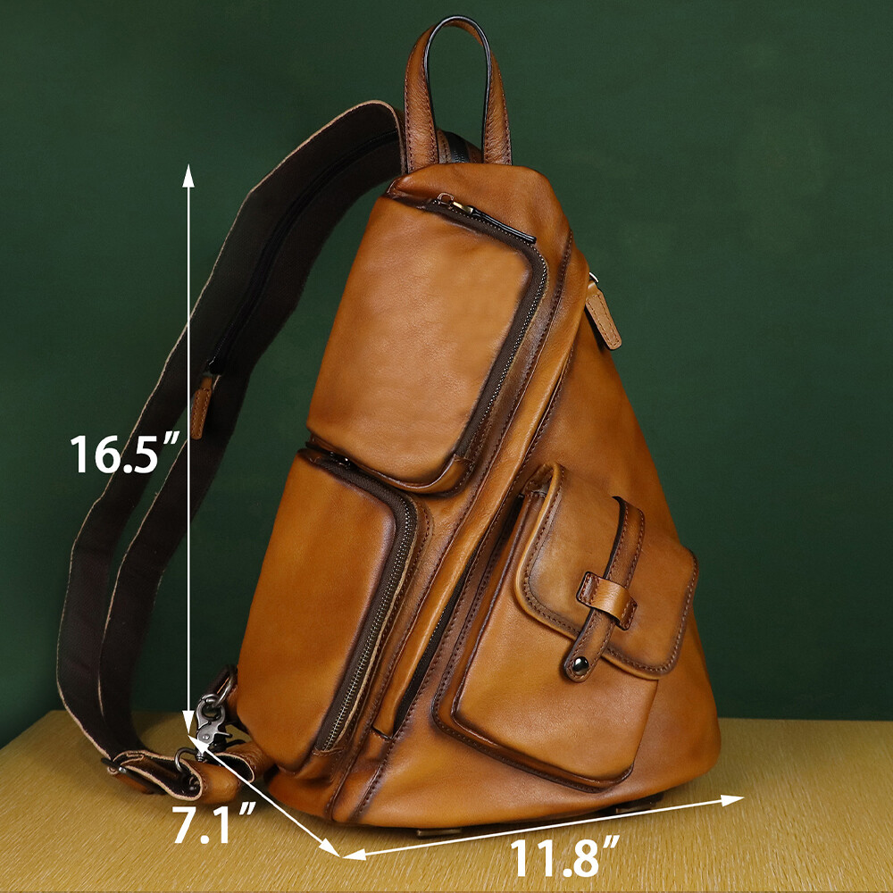 Genuine Leather Men Large Sling Bag Crossbody Bag Real Leather Backpack Purses