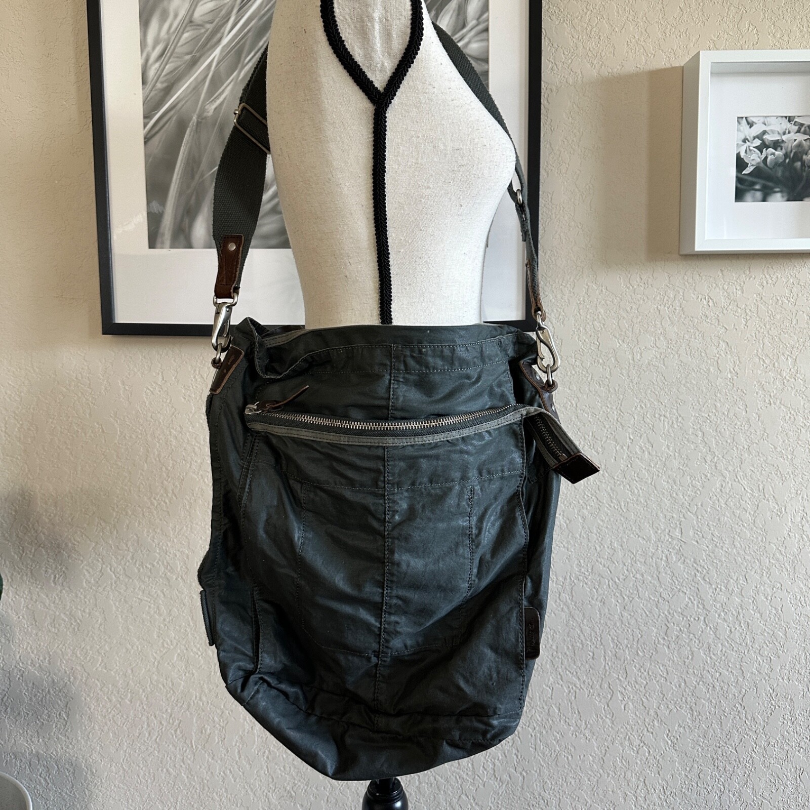 Property OF Men’s messenger bag crossbody rugged canvas fabric distress leather