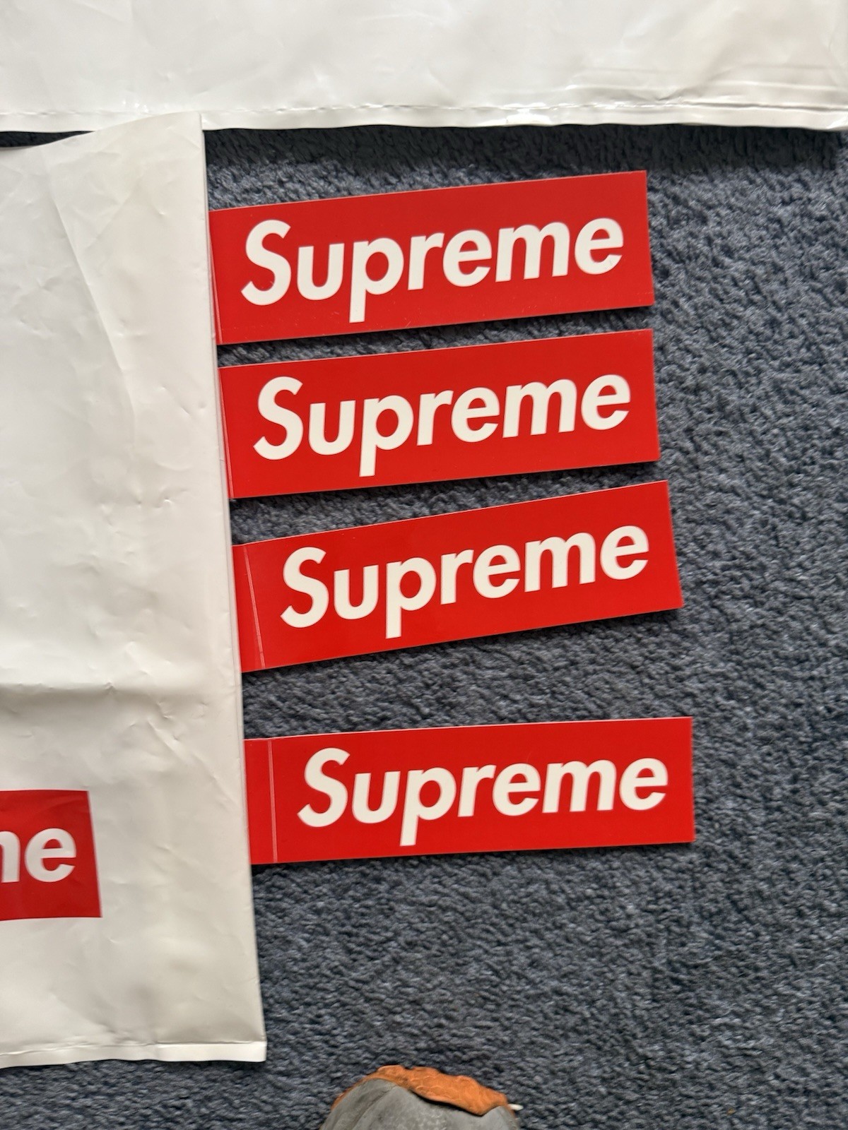 Supreme Red Box Logo Plastic Shopping Bags + 4 Supreme Logo Stickers Lot Of 4