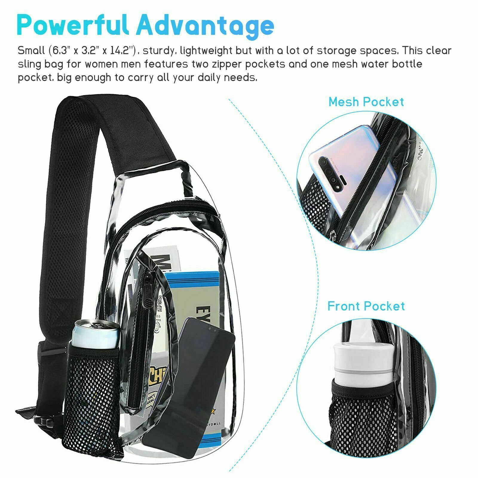 Adjustable Clear PVC Sling Bag Transparent Stadium Shoulder Crossbody Backpack