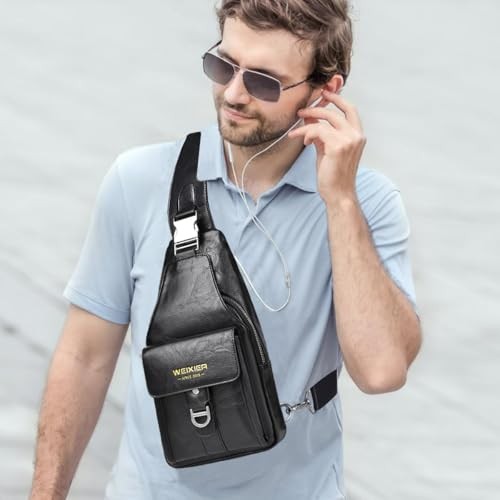 PU Leather Sling Bag for Men – Waterproof, Lightweight, Crossbody Chest A-black