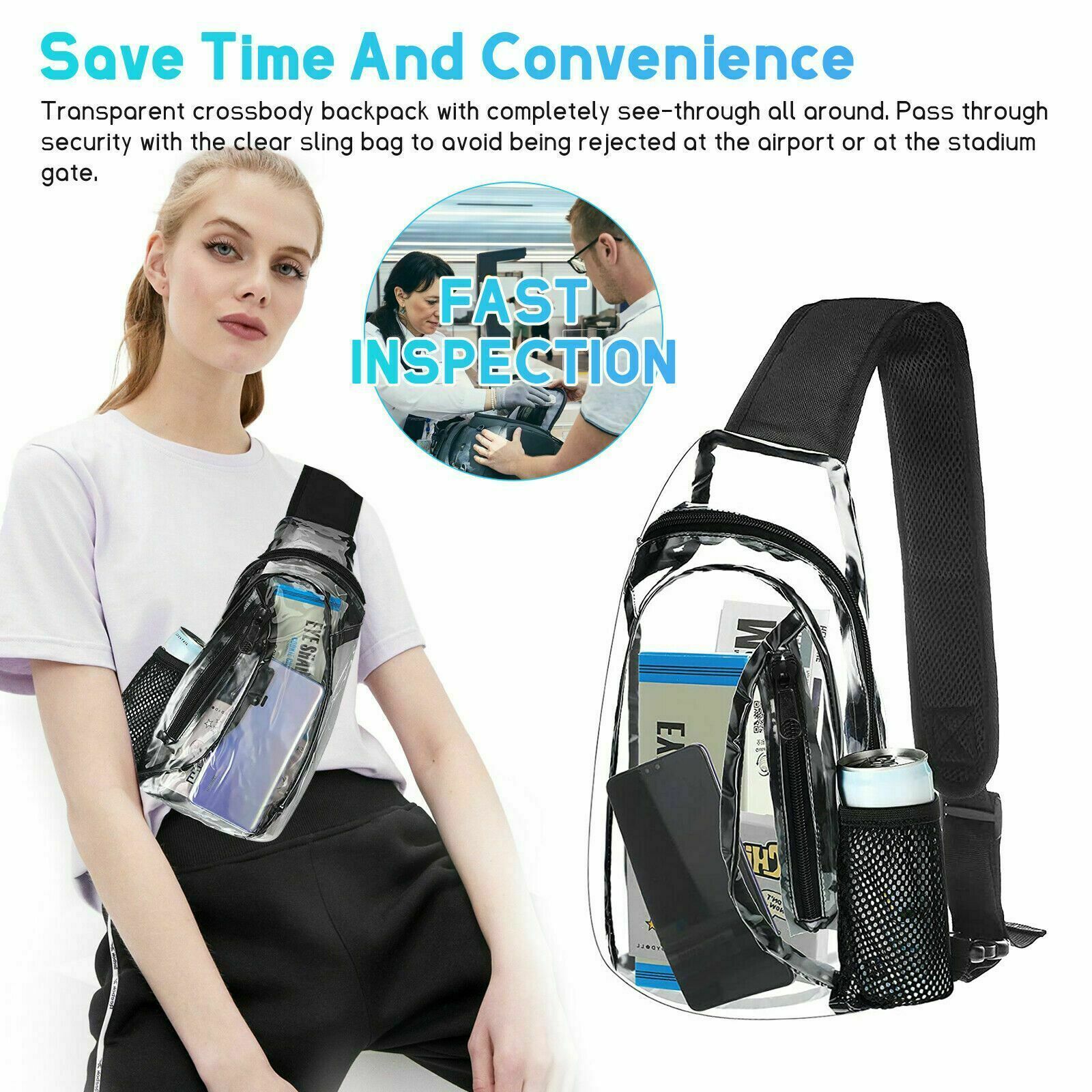 Adjustable Clear PVC Sling Bag Transparent Stadium Shoulder Crossbody Backpack