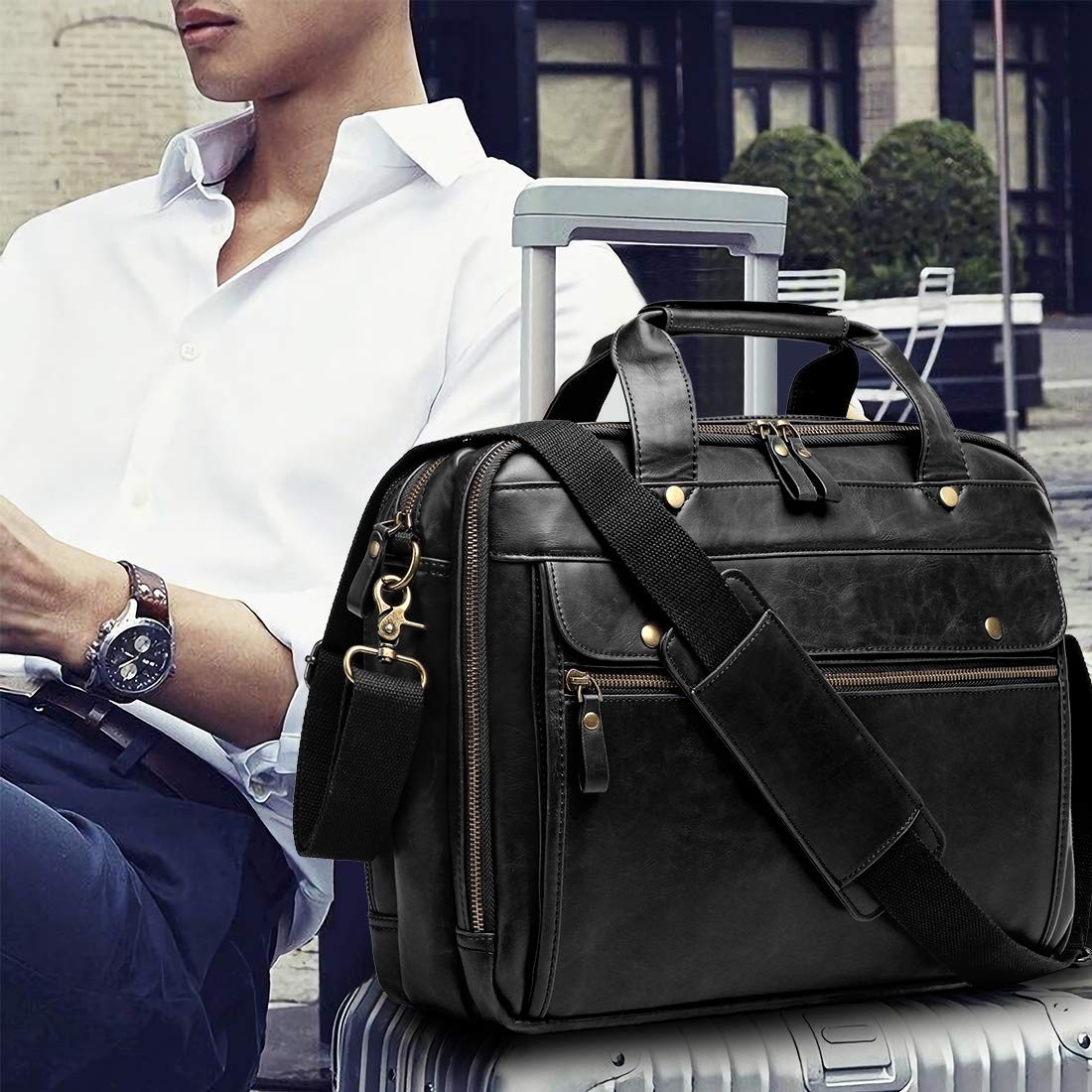 Leather Briefcases for Men 15.6 Inch Laptop Messenger Bag with Triple Compart…