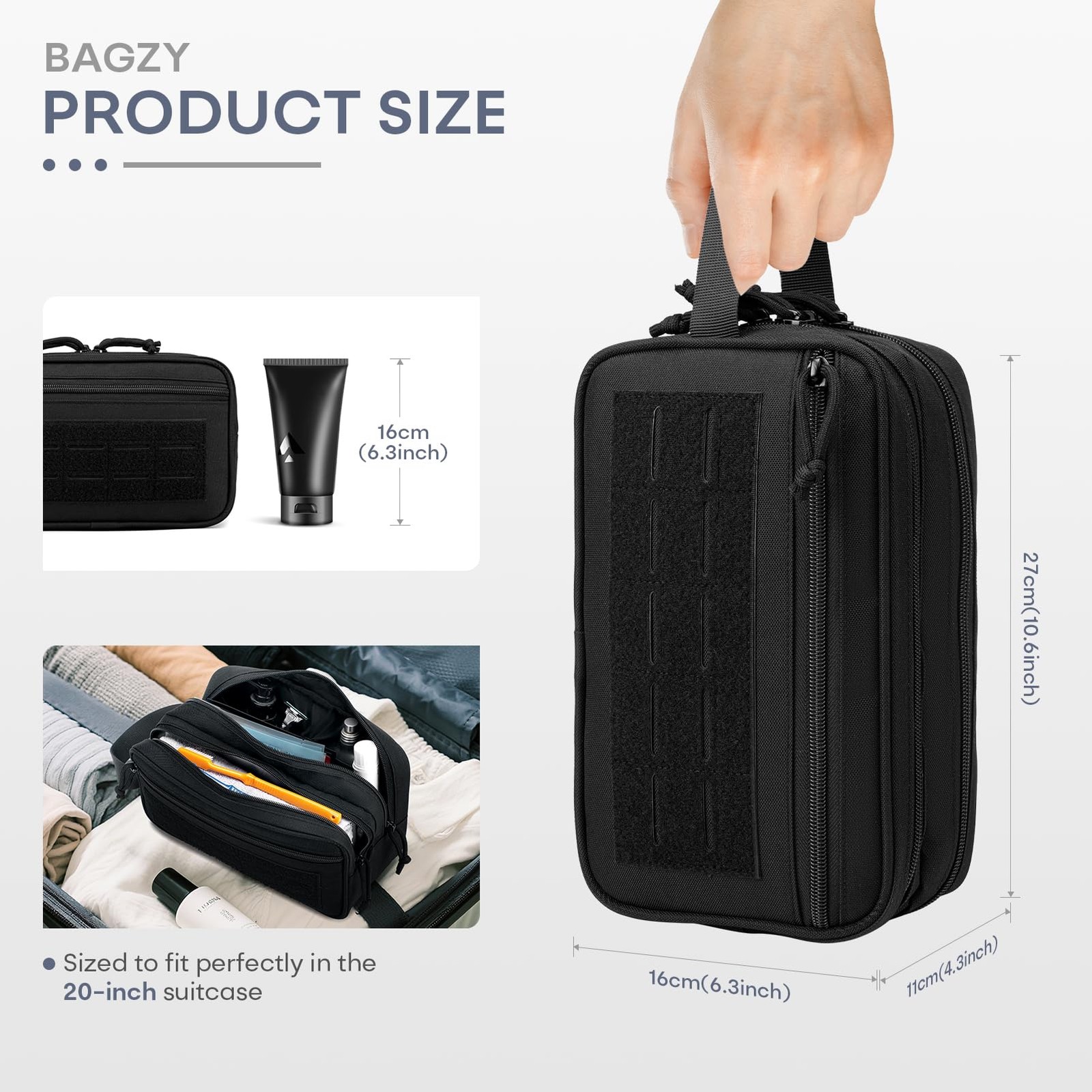 BAGZY Tactical Toiletry Bag for Men, Hygiene 10.6 x 6.3 x 4.3 inches, Black