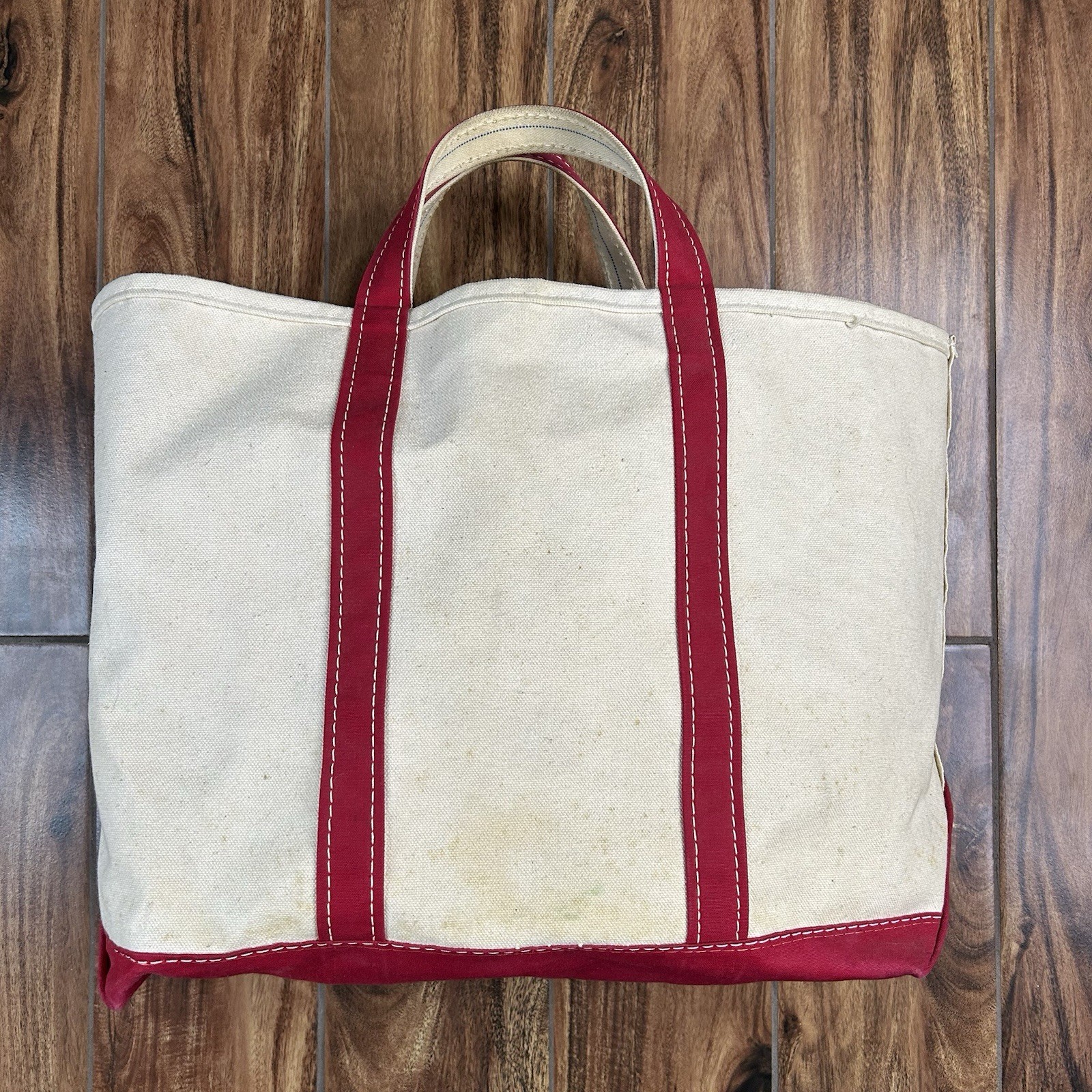 Vintage 90’s LL BEAN Boat and Tote Bag Large Ivory Red Stiff Canvas USA