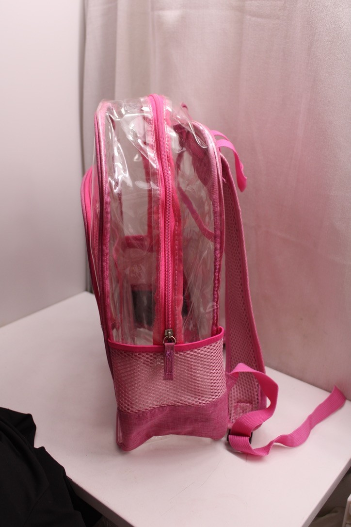 Pink transparent PVC plastic backpack Pink trim straps 13X15X6 inches