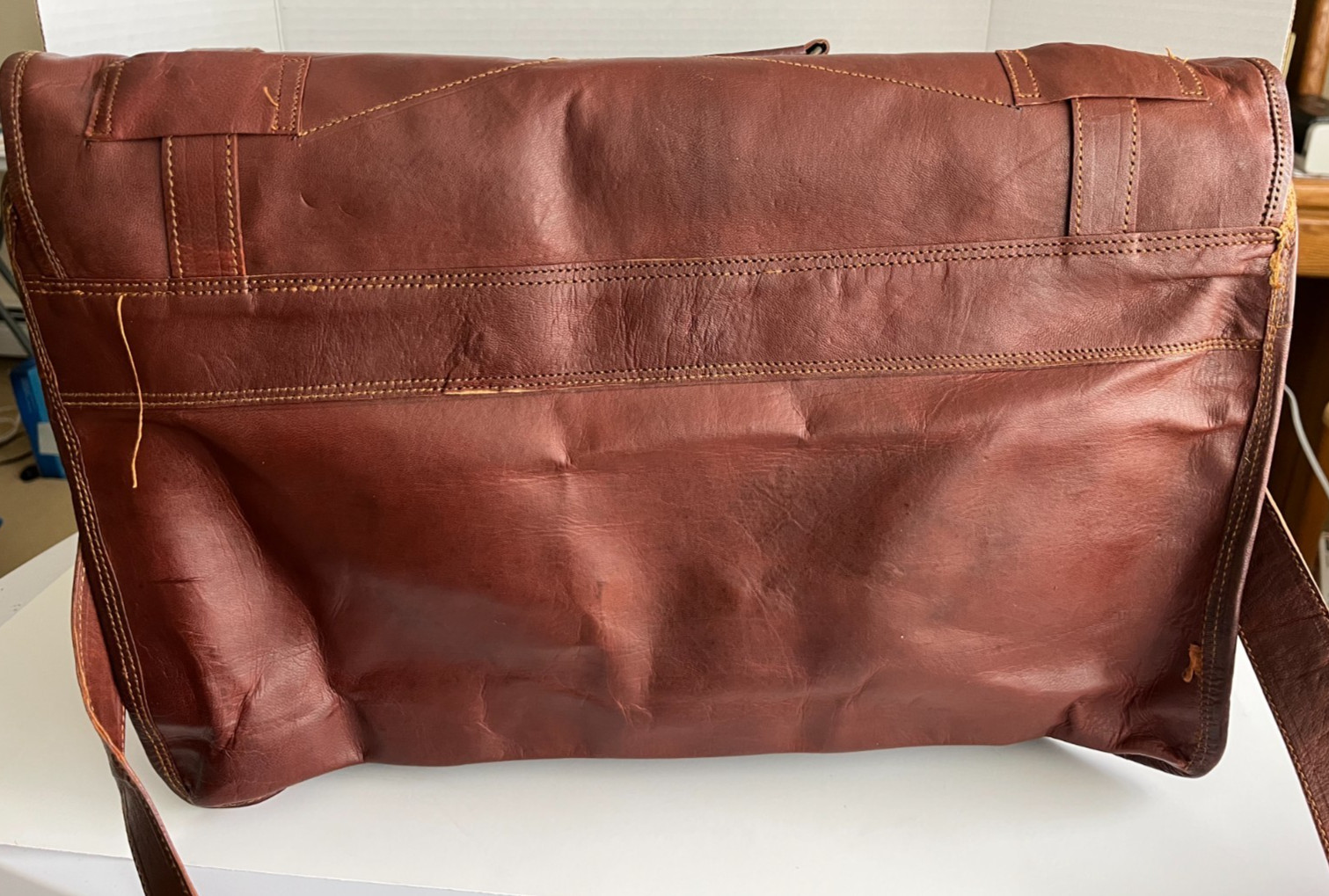 Large Brown Leather Messenger Bag with Buckled Pockets & Zip Top, Made in India