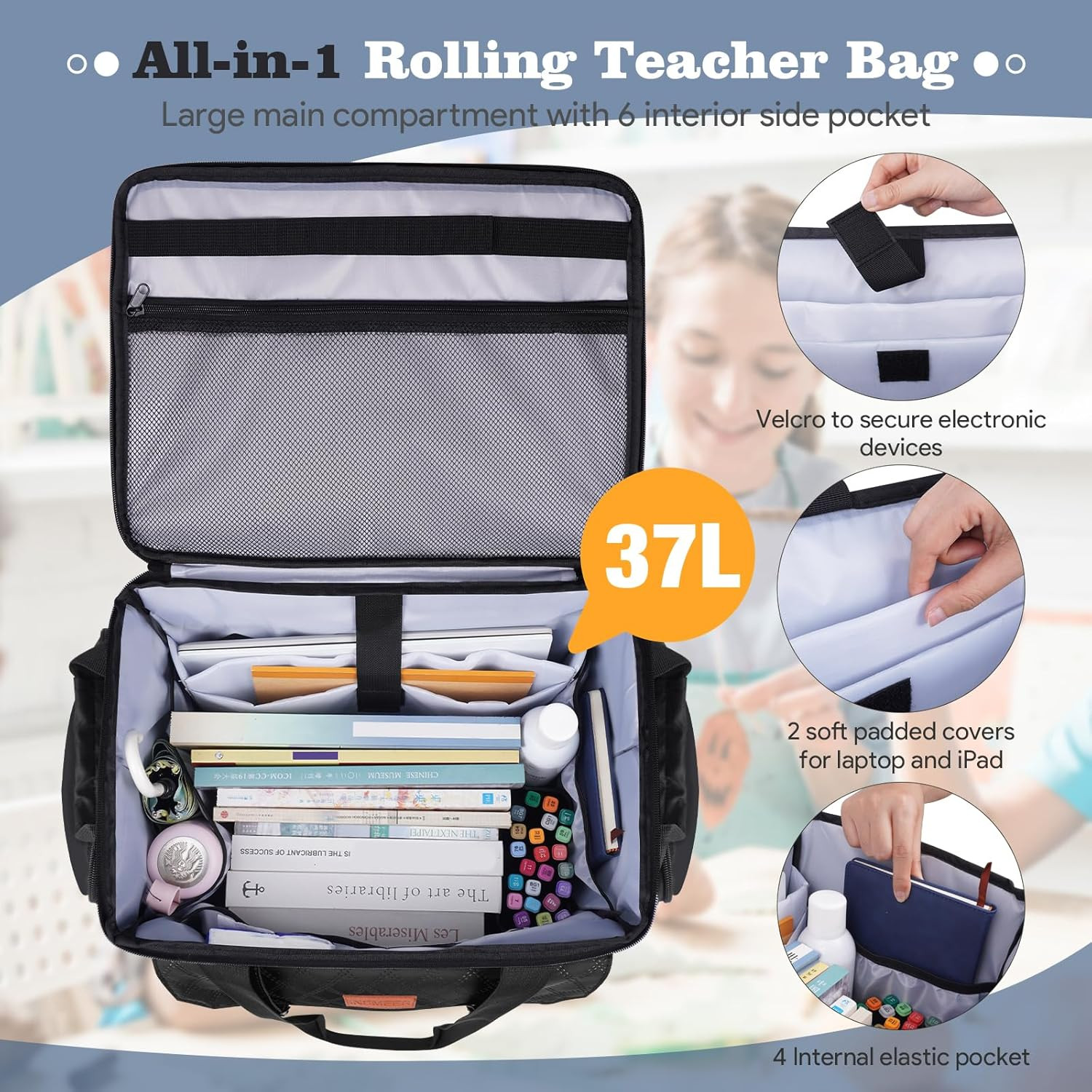 Stylish Wheeled Teacher Tote with Insulated Lunch & Laptop Compartment