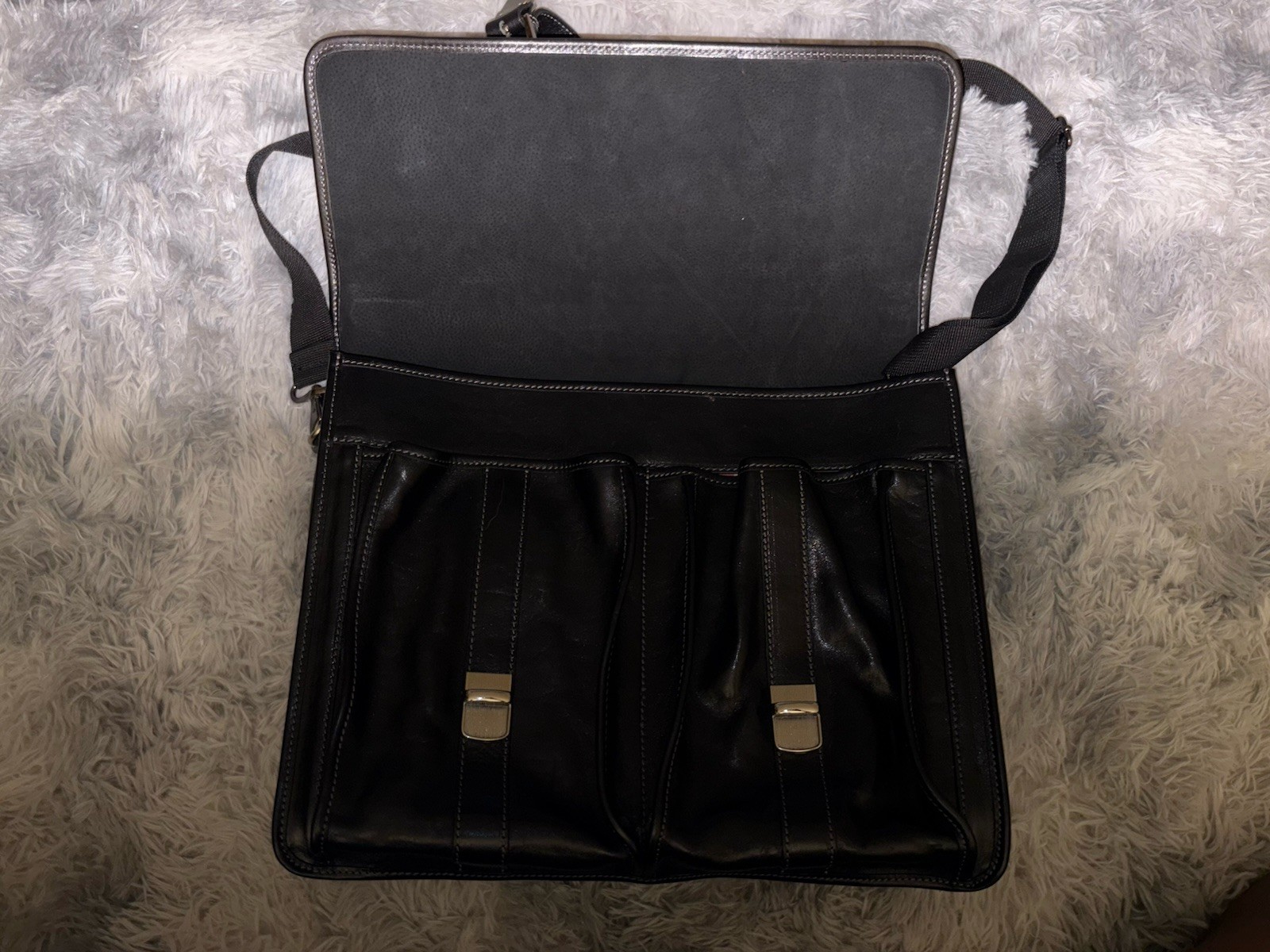 Floto Firenze Black Leather Buckle Strap Briefcase Messenger Bag Made In Italy