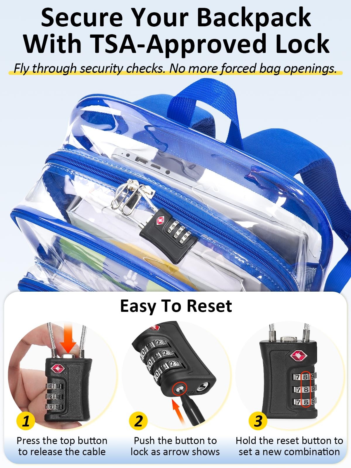 Blue Clear Backpack Heavy Duty TSA Lock 18 Inch Transparent See Through