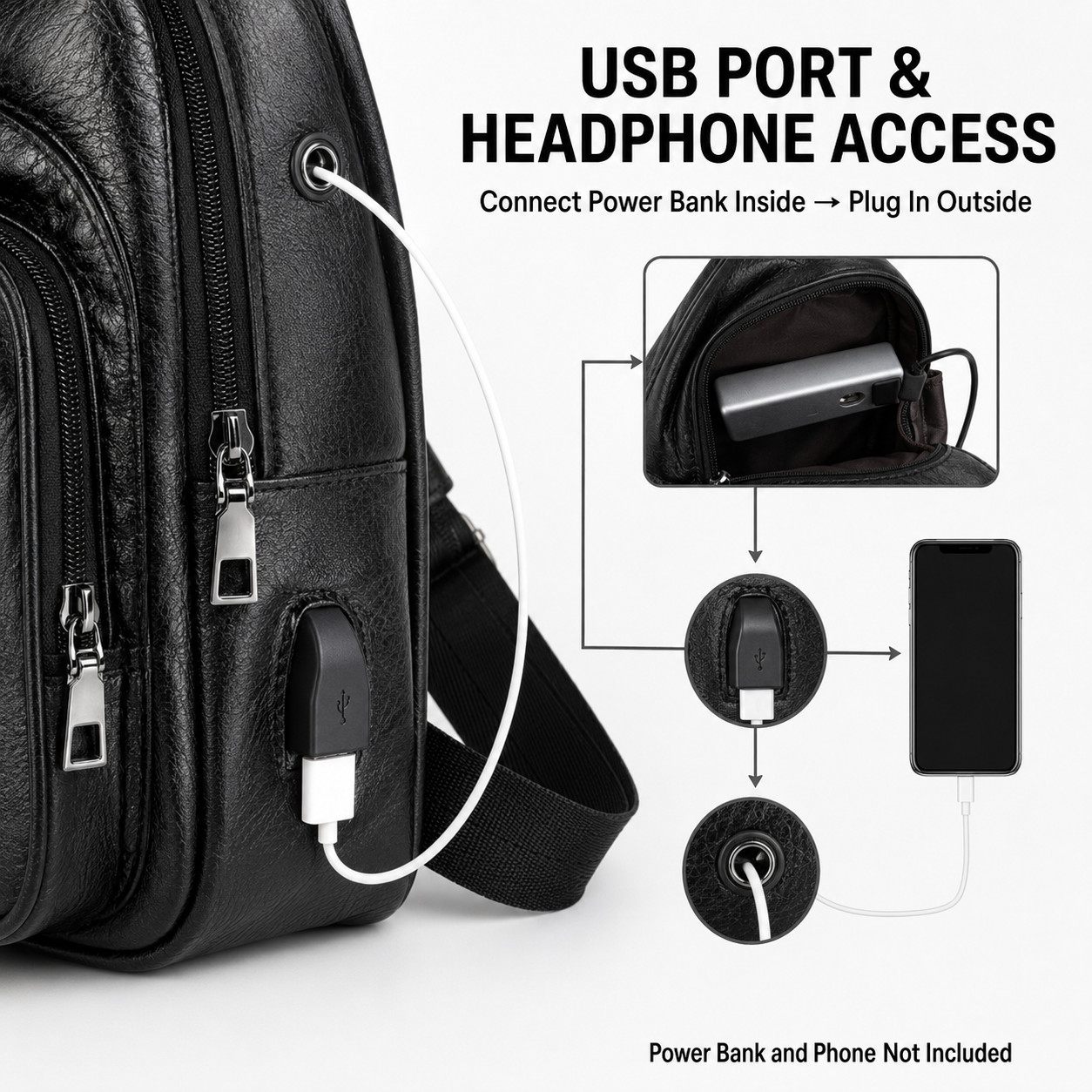 Black Chest Crossbody Bag Sling Backpack for Men with USB Charge Port Hole