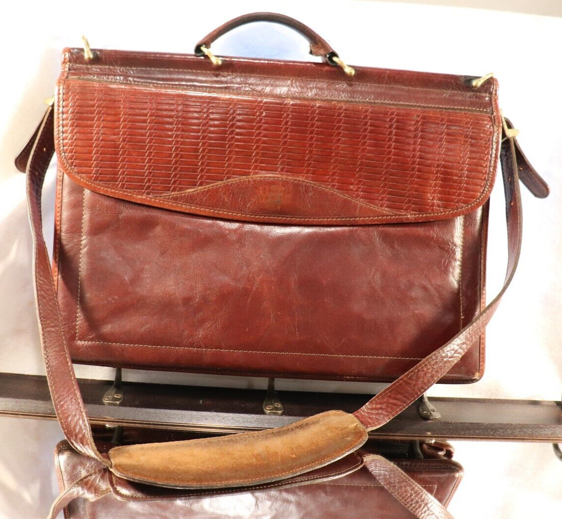 VTG JACK GEORGES WOVEN LEATHER TUSCANY COLLECTION DOUBLE GESSET FLAP BRIEFCASE