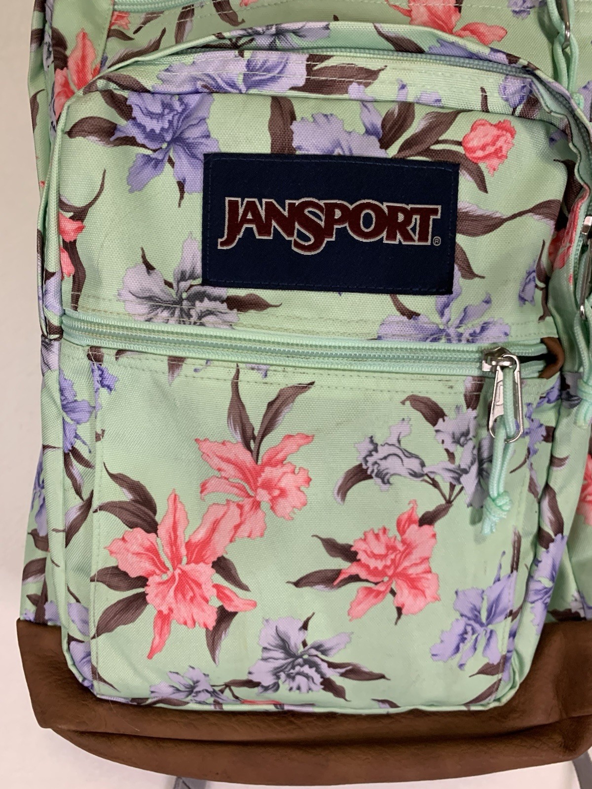 JanSport Superbreak Backpack, Vintage Irises Cool Student Leather Bottom Aqua