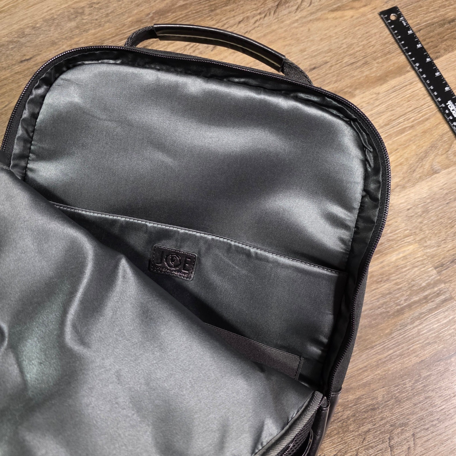 Joseph Abboud Mens OS Laptop Backpack Black Leather Trim Canvas Commuter Bag