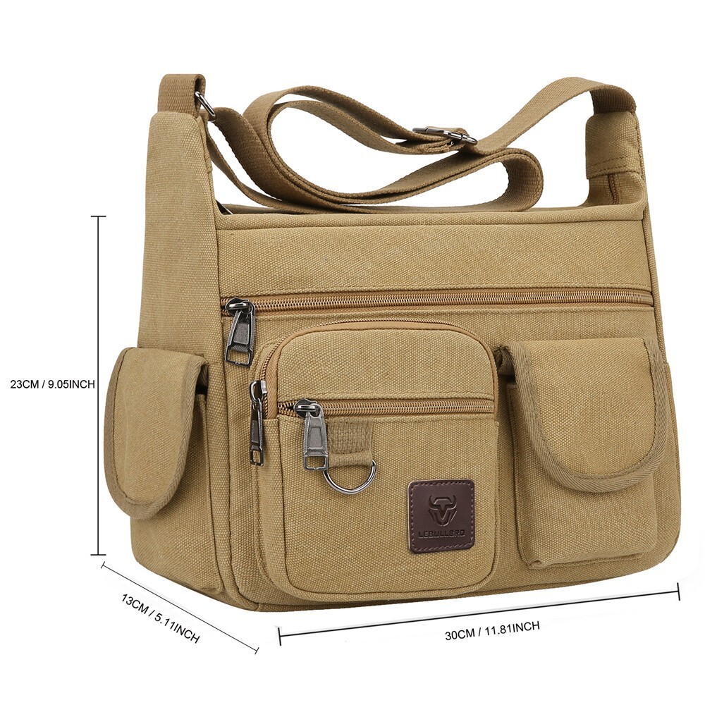 Men’s Canvas Crossbody Bag Multi-Pocket Casual Shoulder Bag for Work Travel