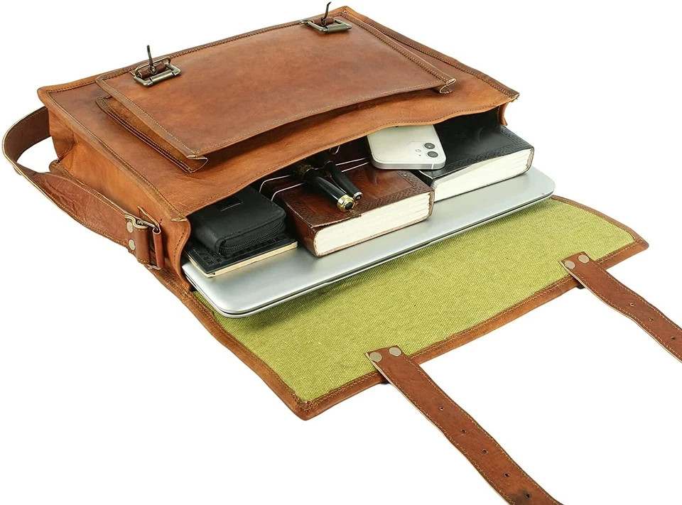 18″ Men Goat Leather Inside 18″ Laptop Messenger Vintage Genuine Shoulder 4 Size