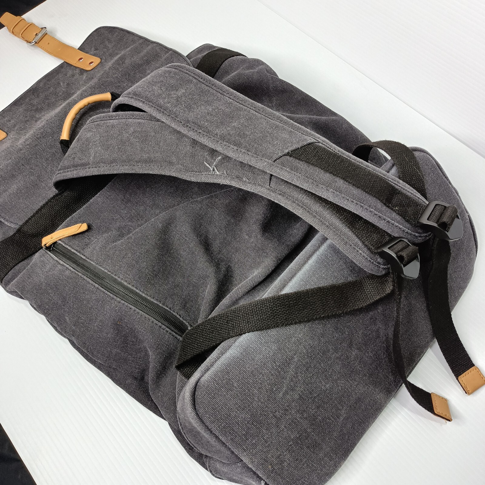 Google Backpack Bag Padded Laptop Grey Canvas Magnetic Snap Button Zip Flawed