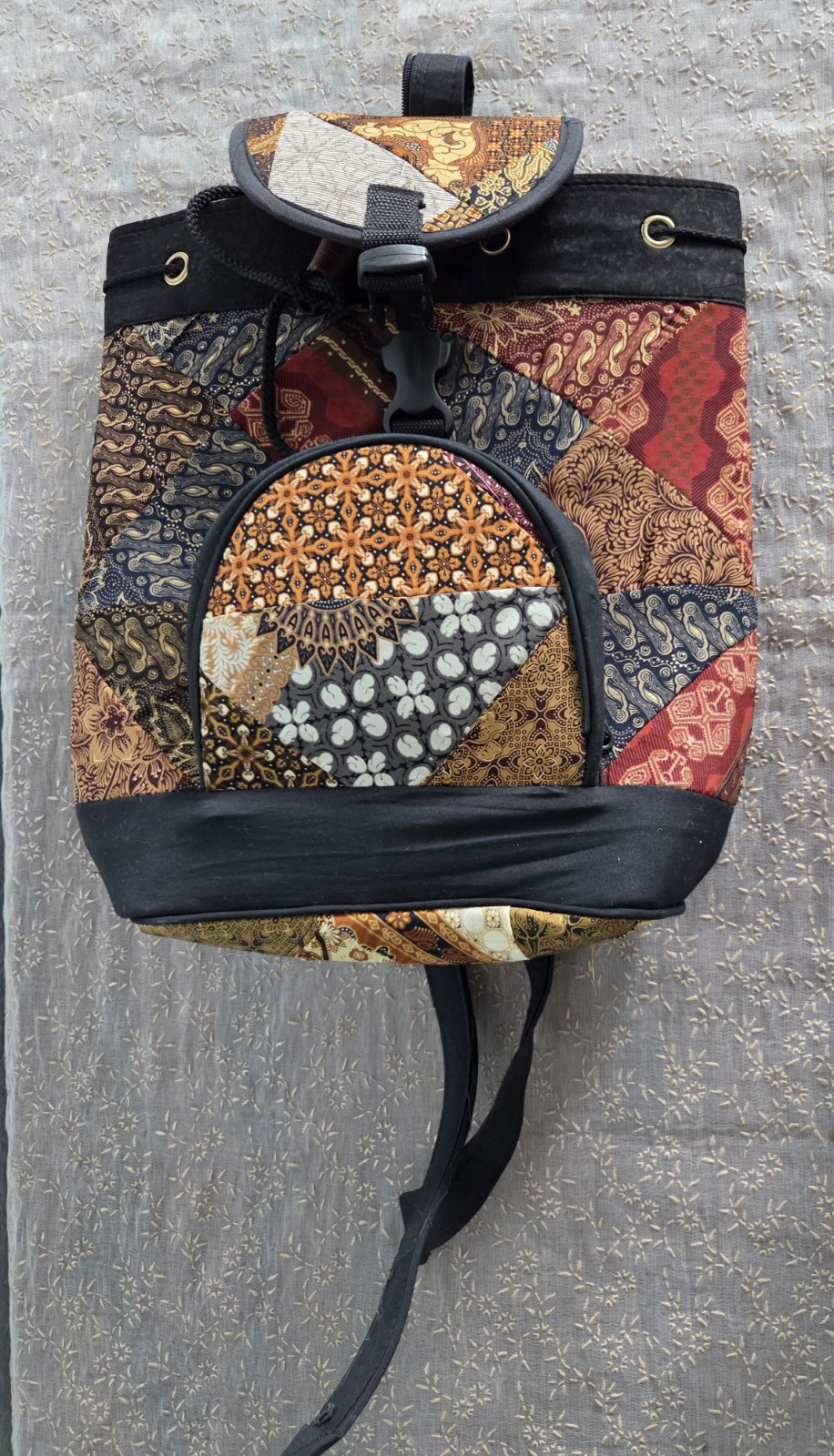 Patchwork Multicolor/Black Backpack Drawstring Buckle Zip, Adjustable Strap