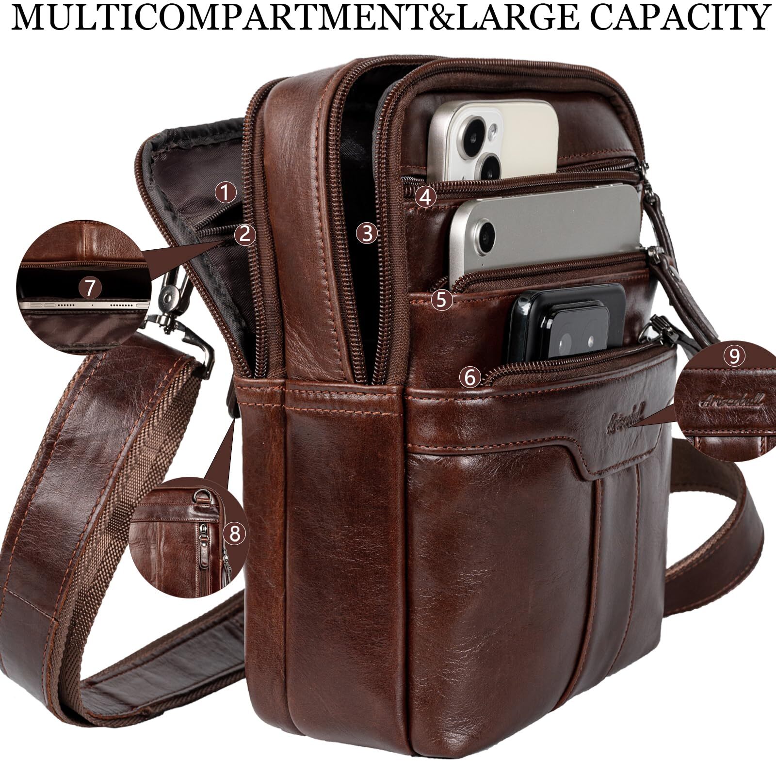 Leather Messenger Bag for Men, Small Leather Sling Shoulder Bag Messenger Pack