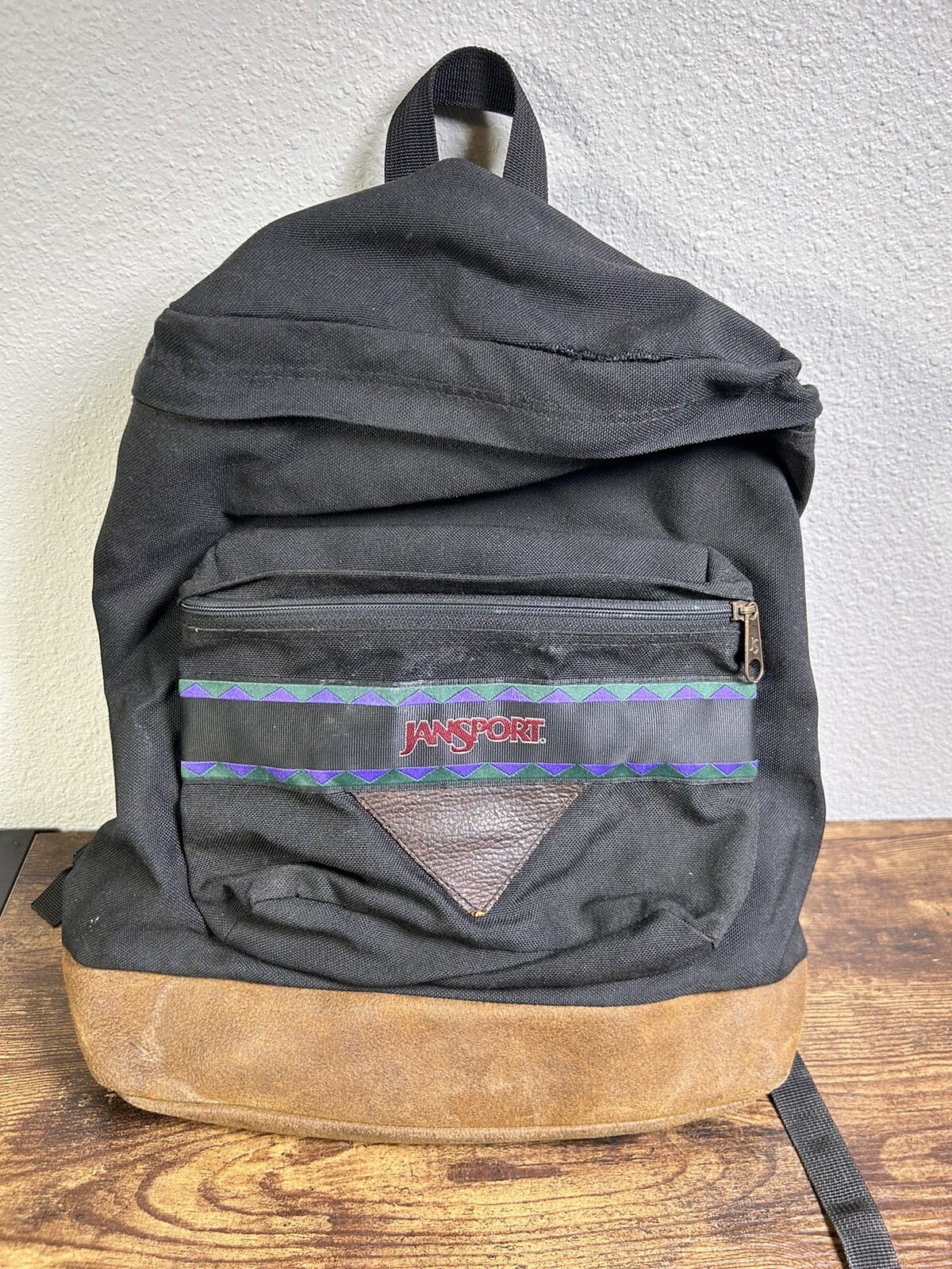 Vintage 90s Jansport Made in USA Leather Bottom Backpack Aztec Black Top Load