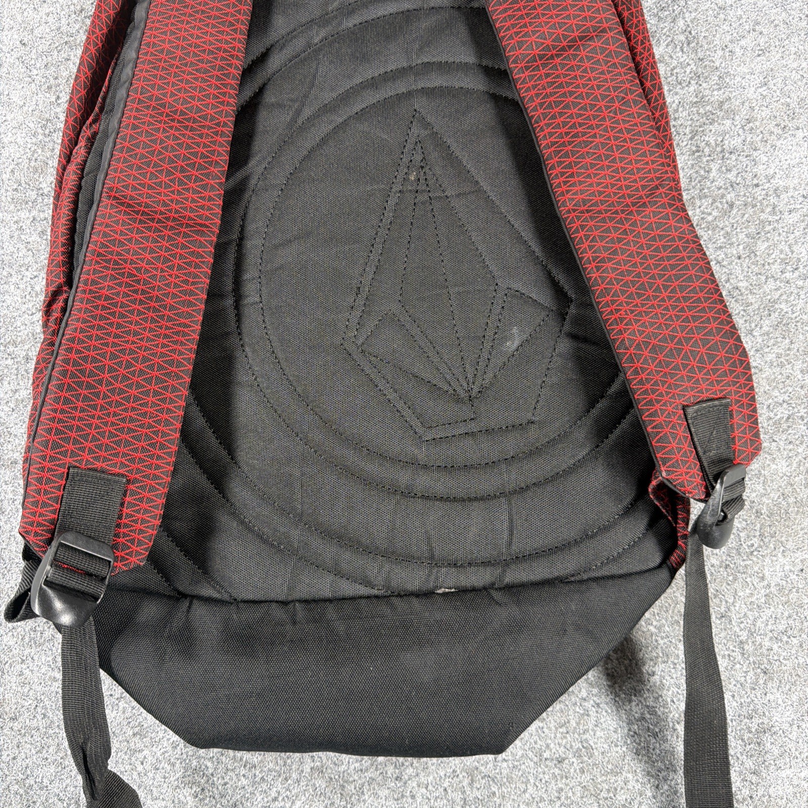 VOLCOM Stone Logo Backpack Red Black Geometric Crosshatch Grid Skate School Bag