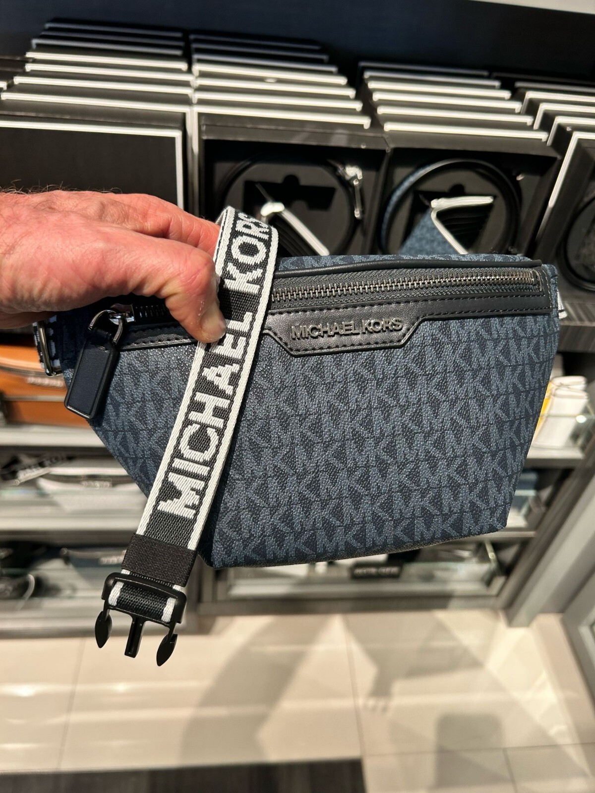 Michael Kors Cooper Men Mini Logo Shoulder Crossbody Zip Belt Bag Admiral Blue