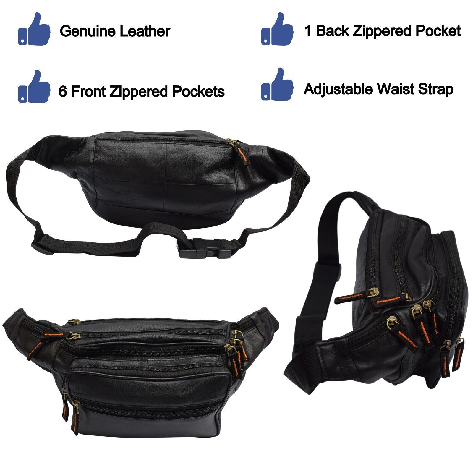 Genuine Leather Fanny Pack Multi Zippered Waist Bag Hip Belt Purse Black Pouch