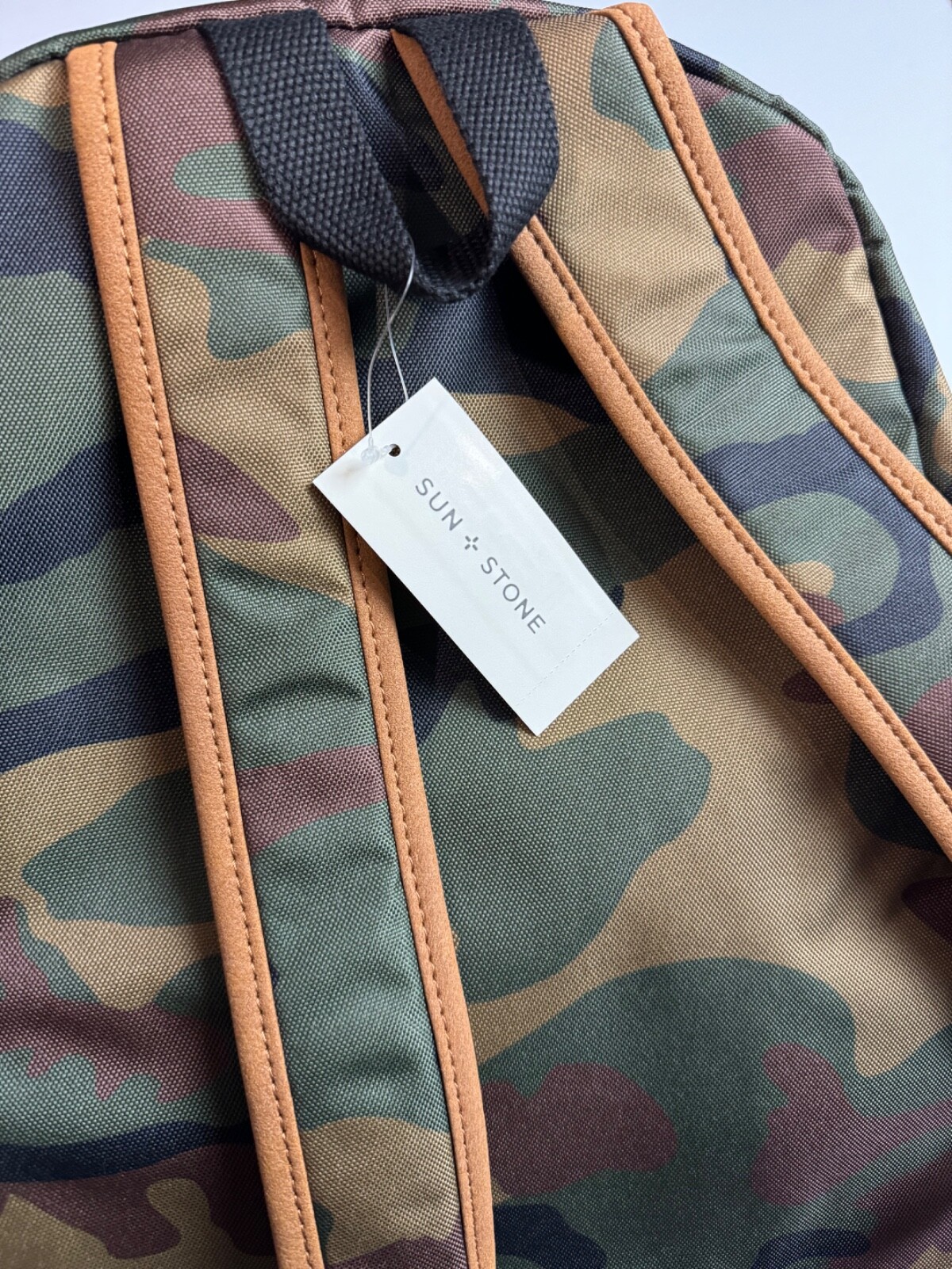 Sun + Stone Riley Green Brown Camouflage Faux Suede Backpack