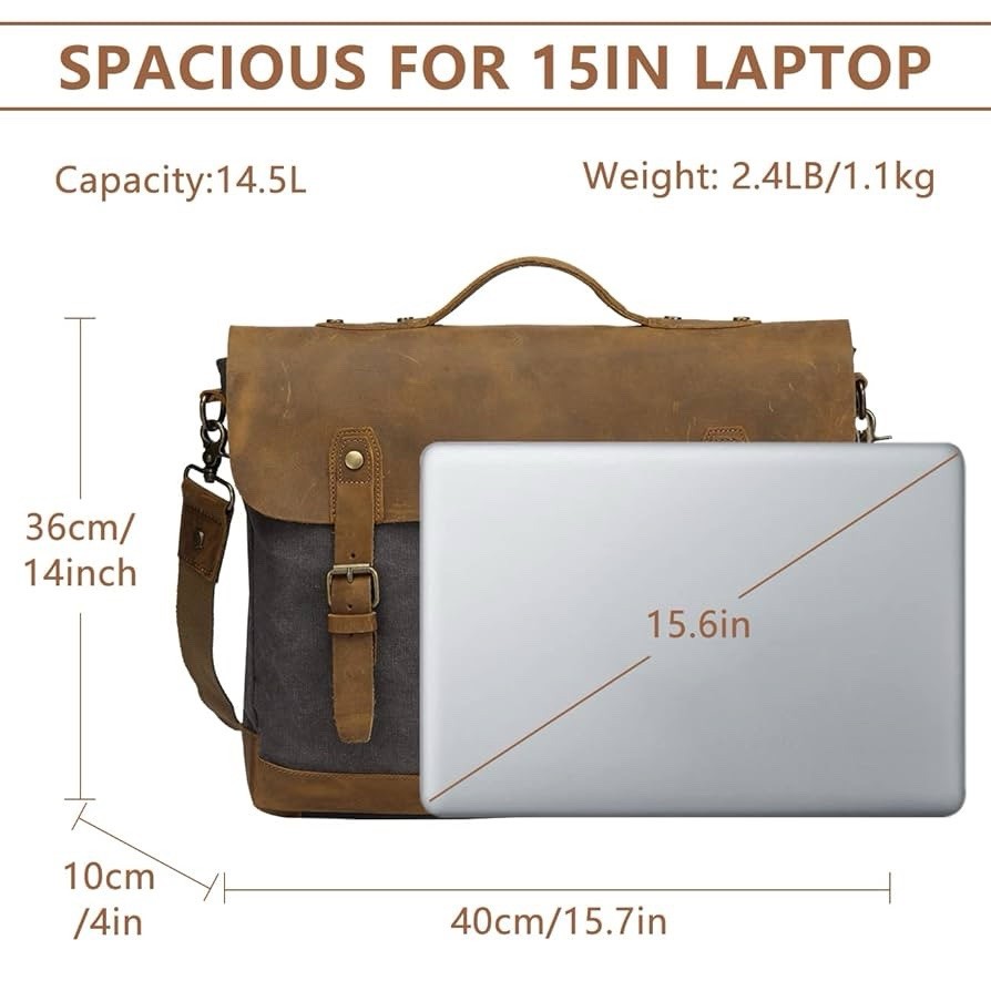 VASCHY Leather Canvas Messenger Bag for Men,15.6 inch Laptop Vintage Satchel