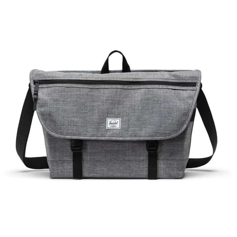 Herschel Gray Messenger Bag Adjustable Strap Buckle Zip Outer Pockets Brand New!