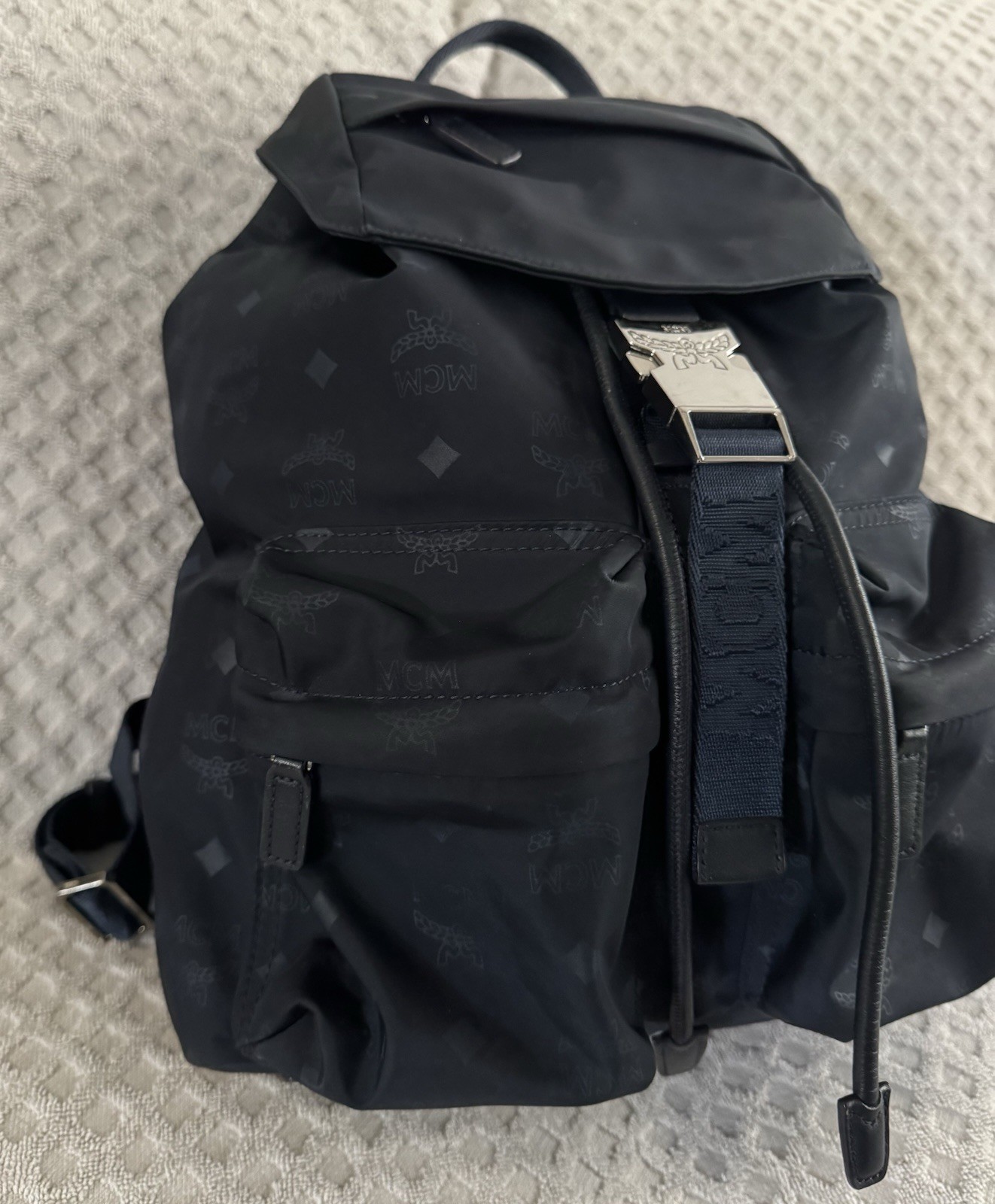 MCM Dieter Two Pocket Monogram Visetos Nylon Leather Flap Backpack Navy Blue Bag