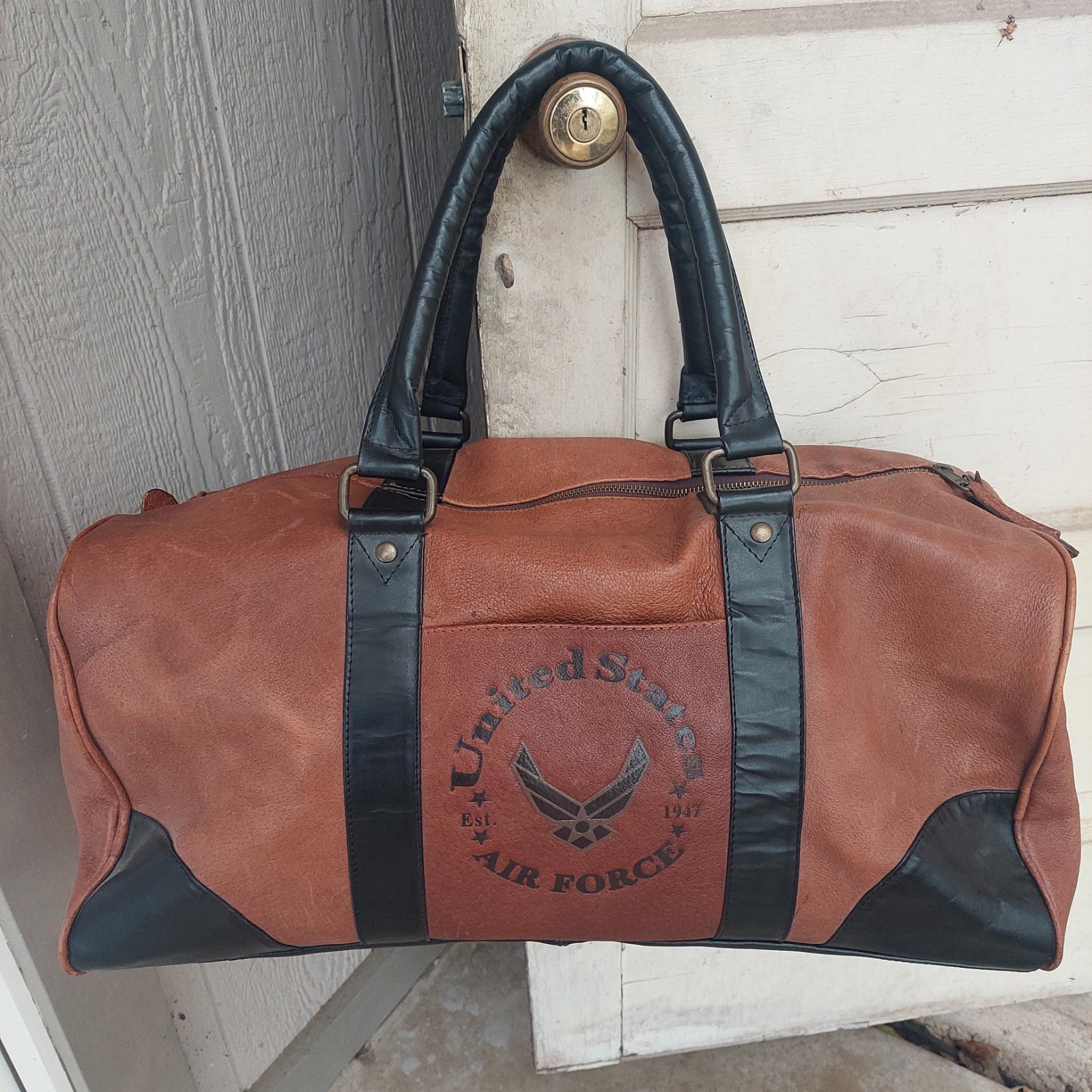 US Navy Leather Duffle Bag Brown Black Bradford Exchange Travel Men Women Large