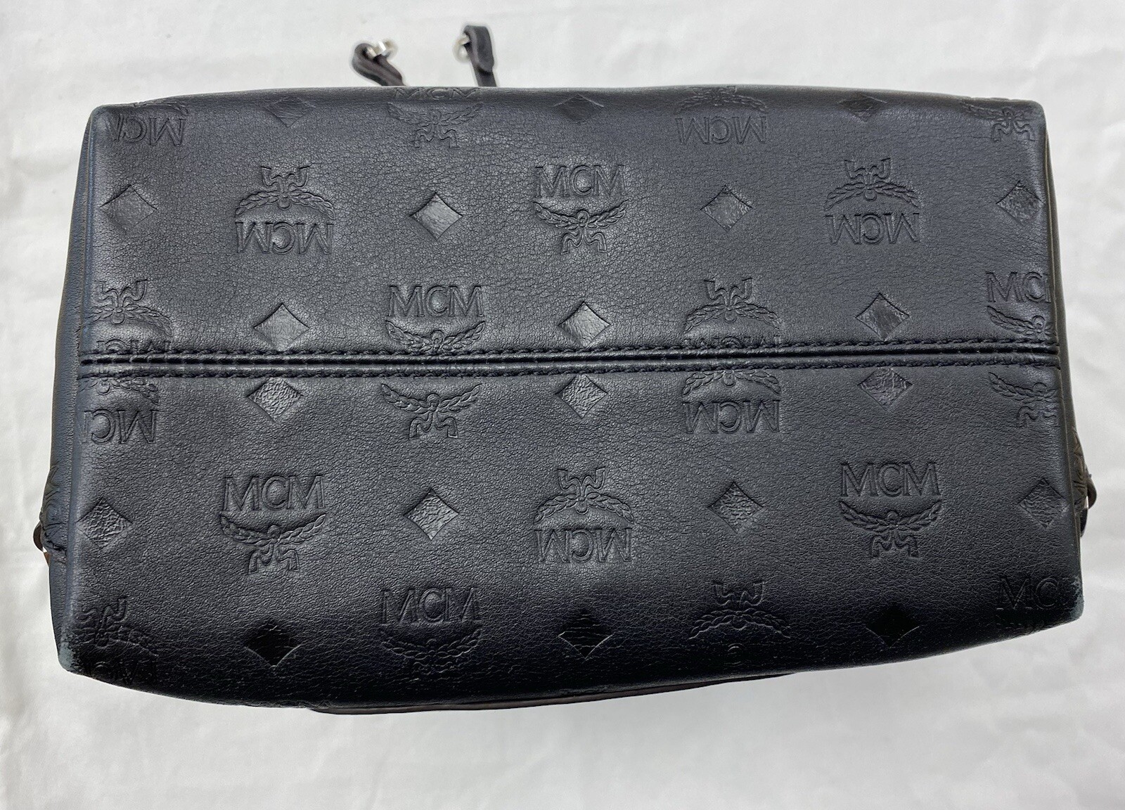 MCM Essential Monogram Leather Small Backpack In Charcoal 10×8.5×4.5 Dark Brown