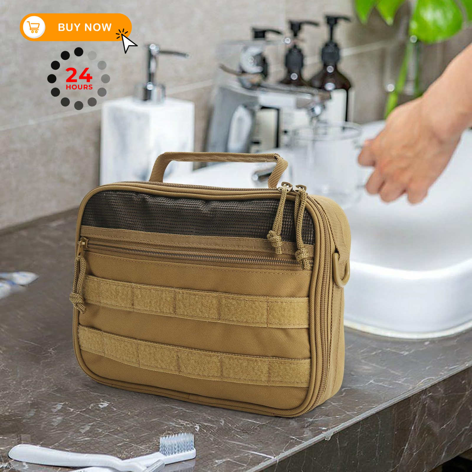 HJOKLS Tactical Hanging Toiletry Bag for Men，Mens 9.5×7.9×2.7 inches, Khaki