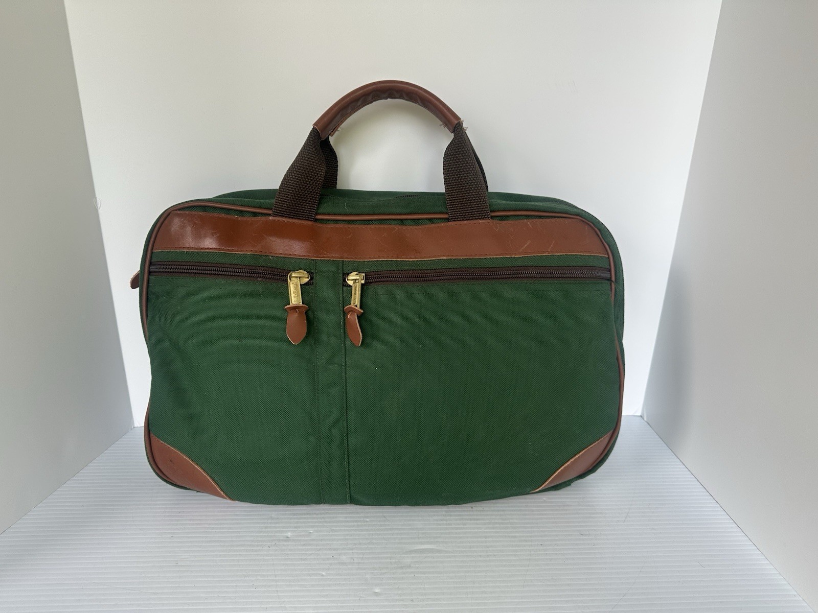 LL Bean Vintage Canvas/Leather Briefcase Laptop Bag Green Embroidered , No Strap