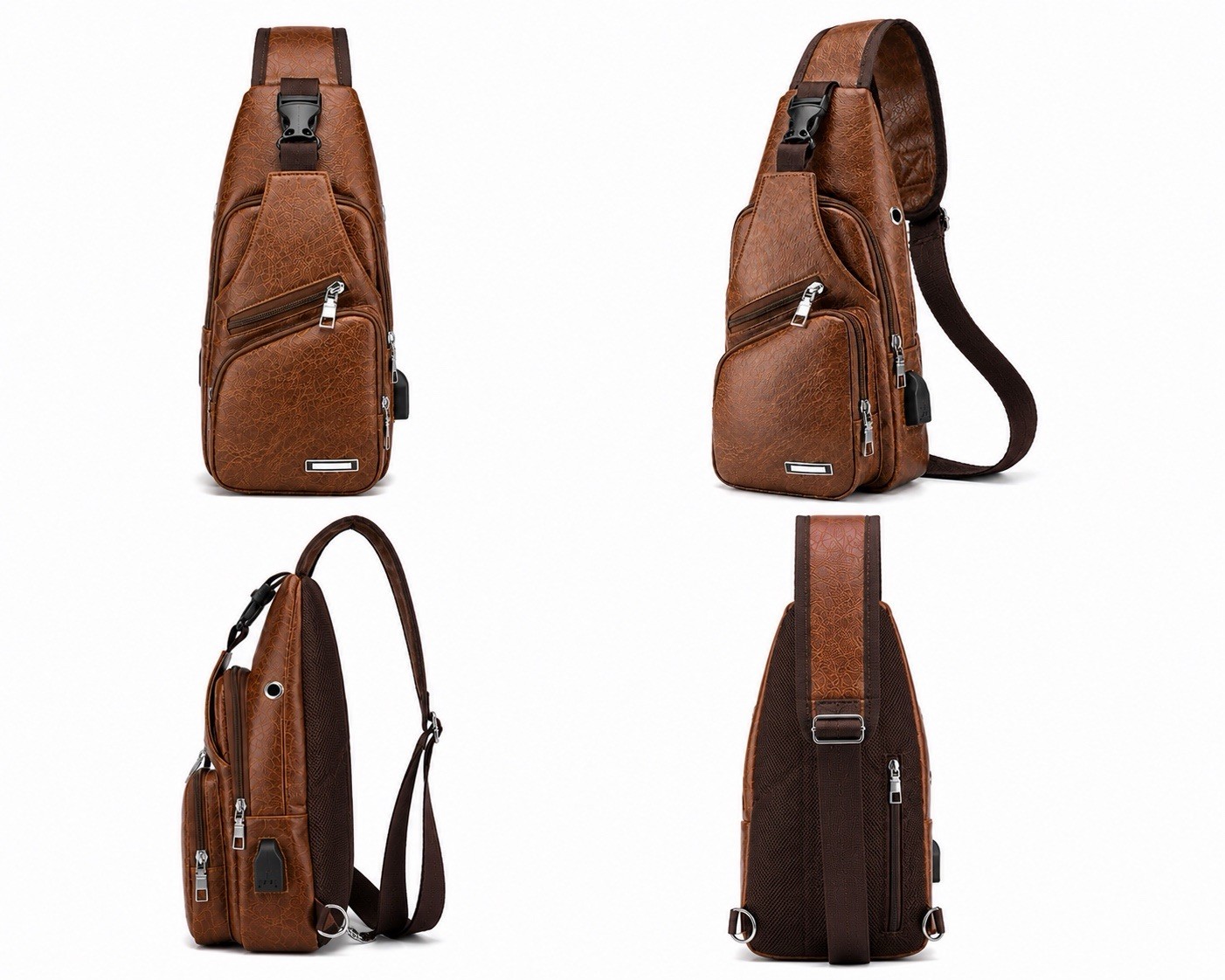Men’s Brown Sling Chest Crossbody Bag, Adjustable Strap, USB Charging Port