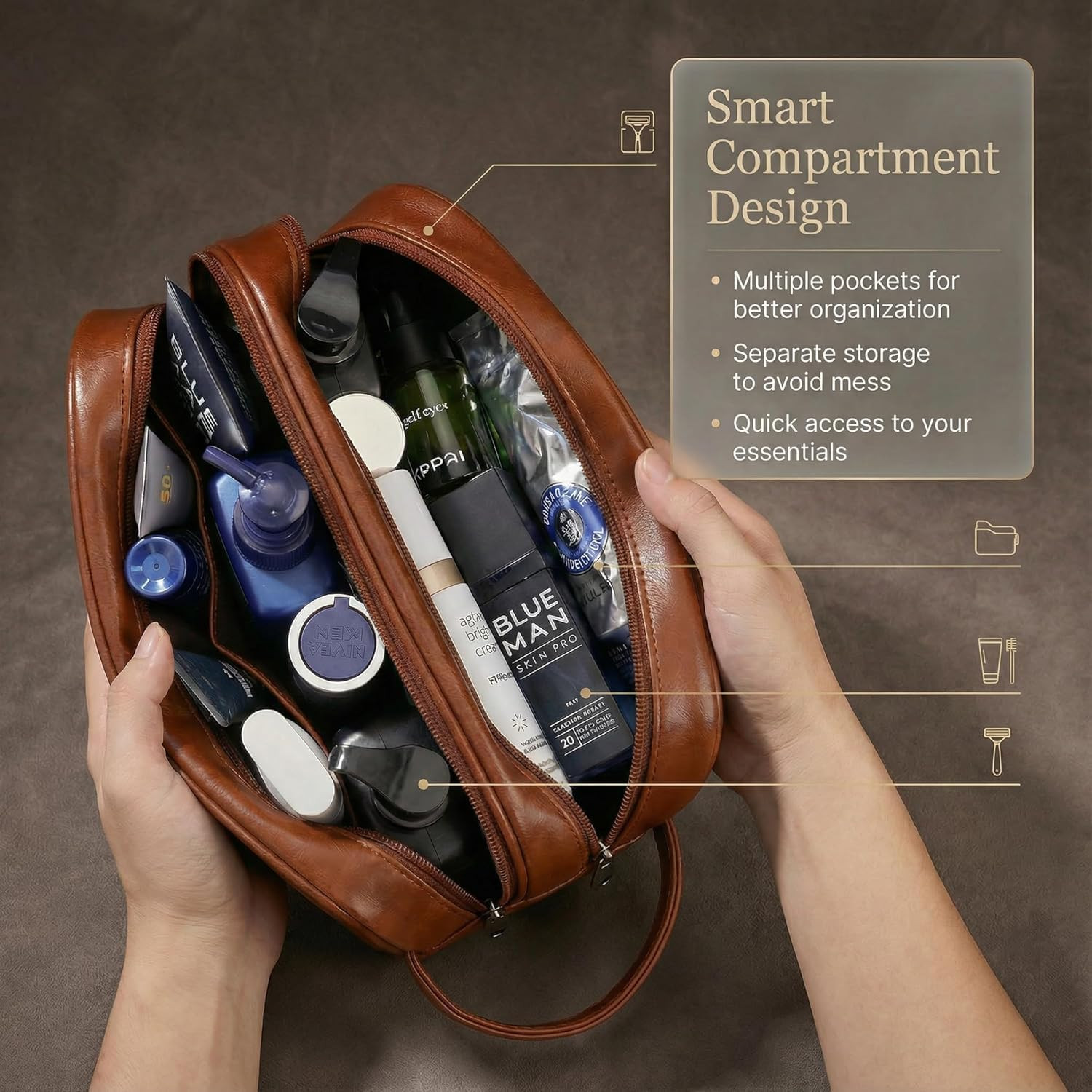 Men’S Toiletry Bag Travel Dopp Kit – Double-Deck Leather Water-Resistant Shaving