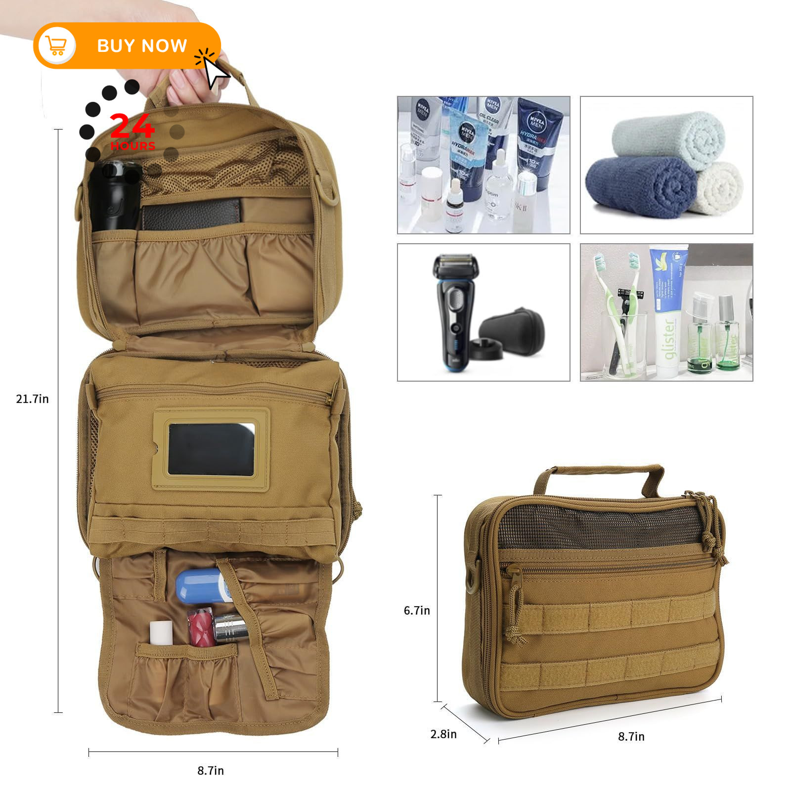 HJOKLS Tactical Hanging Toiletry Bag for Men，Mens 9.5×7.9×2.7 inches, Khaki