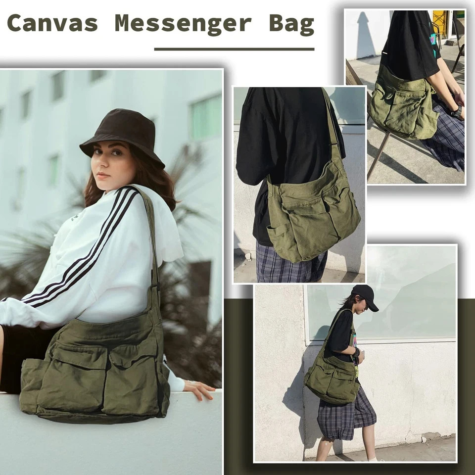 Canvas Messenger Bag Large Crossbody Bag with Multiple Pockets Casual Tote Bag