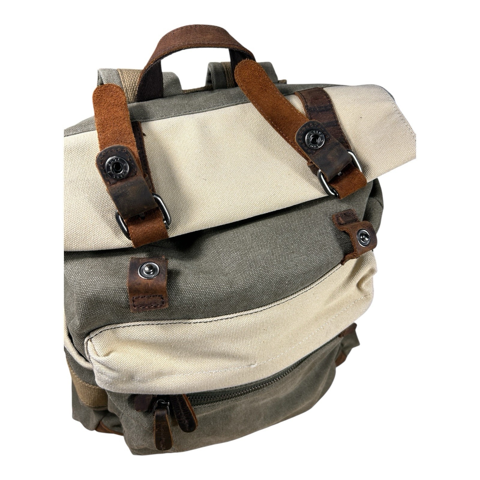 Suvom Canvas Leather Trim Rolltop Backpack Olive Khaki Two-Tone EUC
