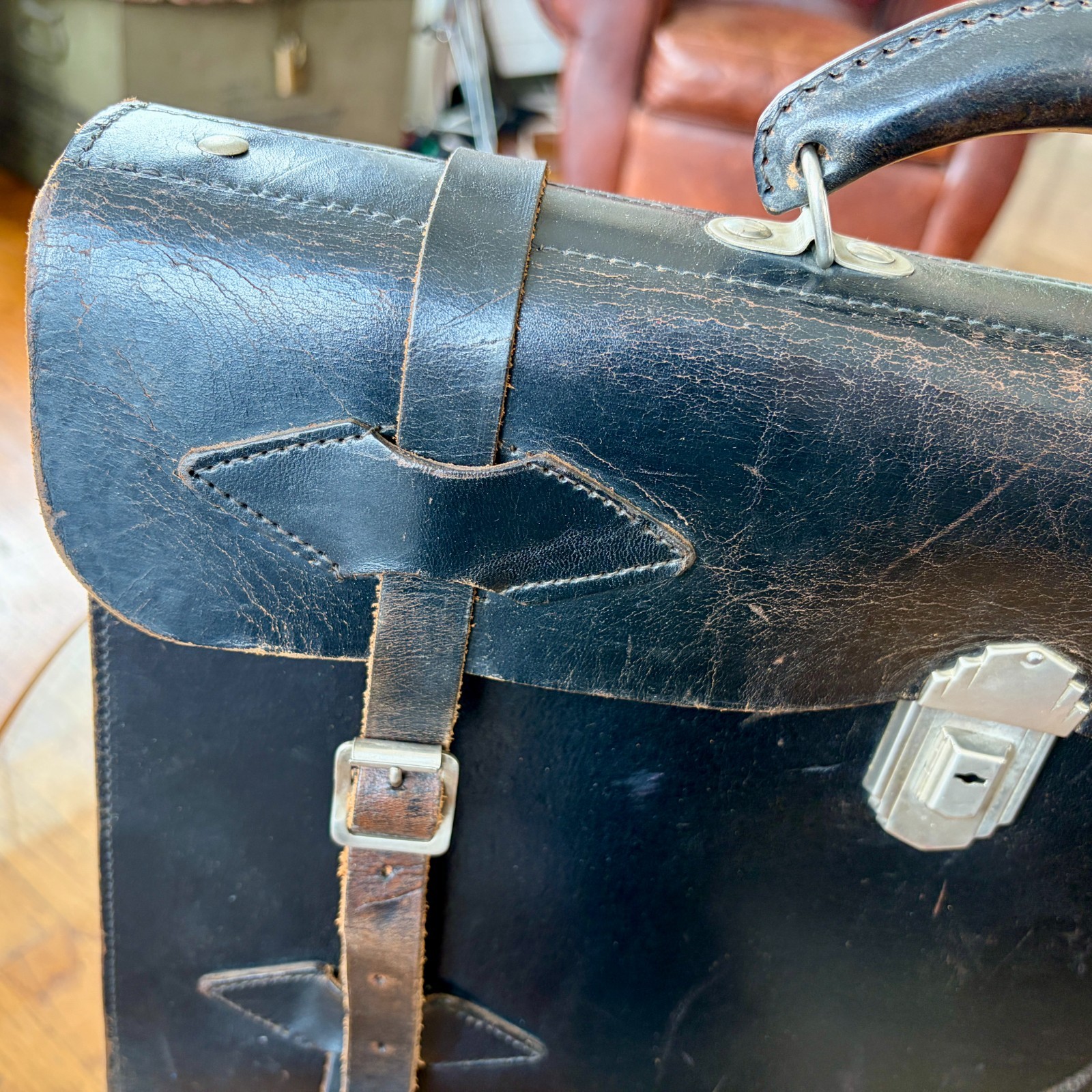 1920s Leather Briefcase Satchel Bag Double Strap Messenger MacBook Pro Blk Vtg