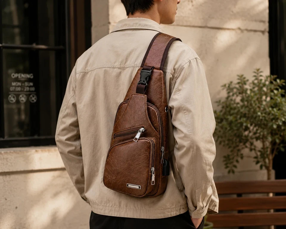 Men’s Brown Sling Backpack Crossbody Chest Bag with USB Charging Port