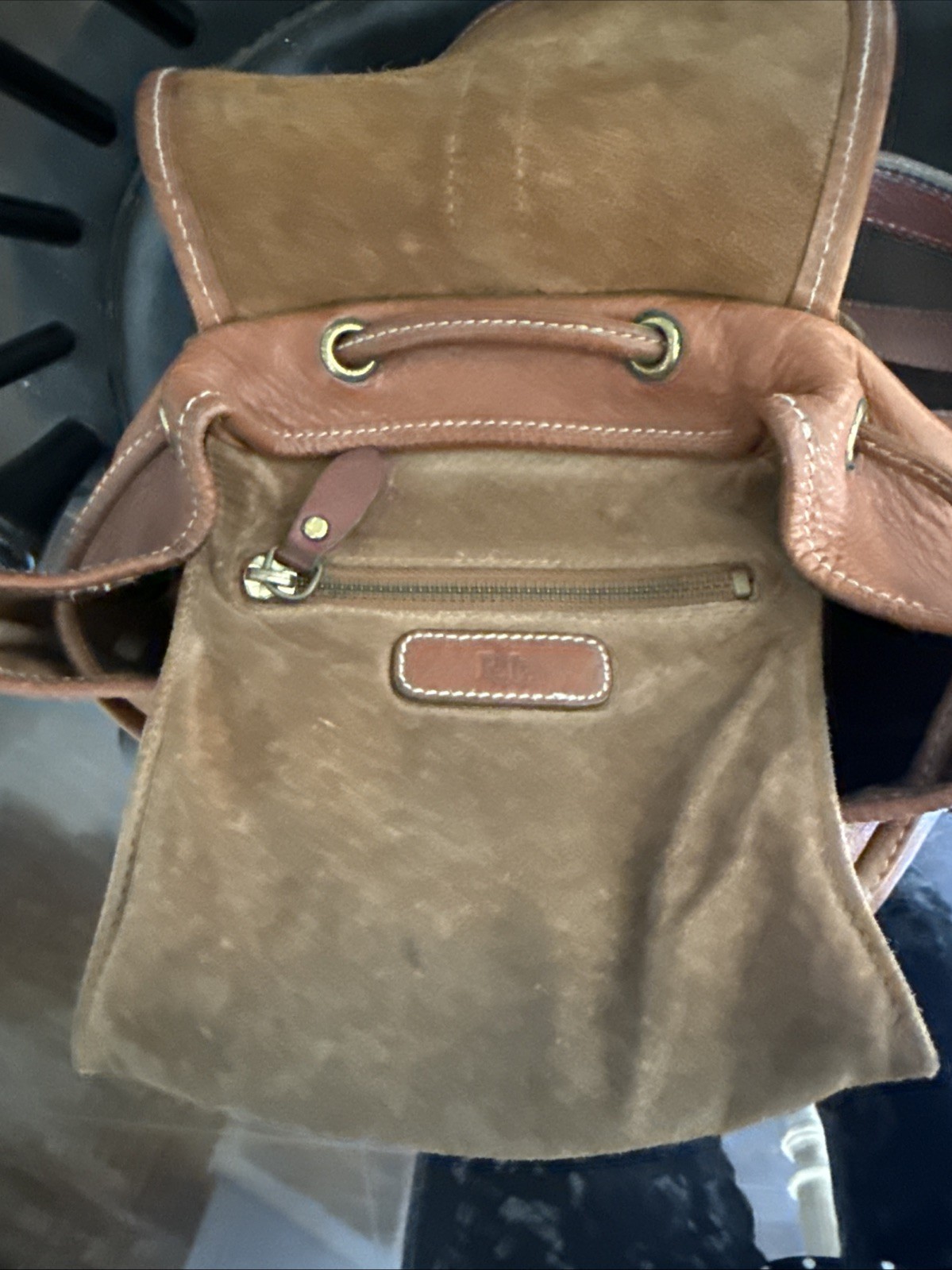 Vintage Ralph Lauren Leather Backpack Drawstring Brown 90s Unusual Hook Closure